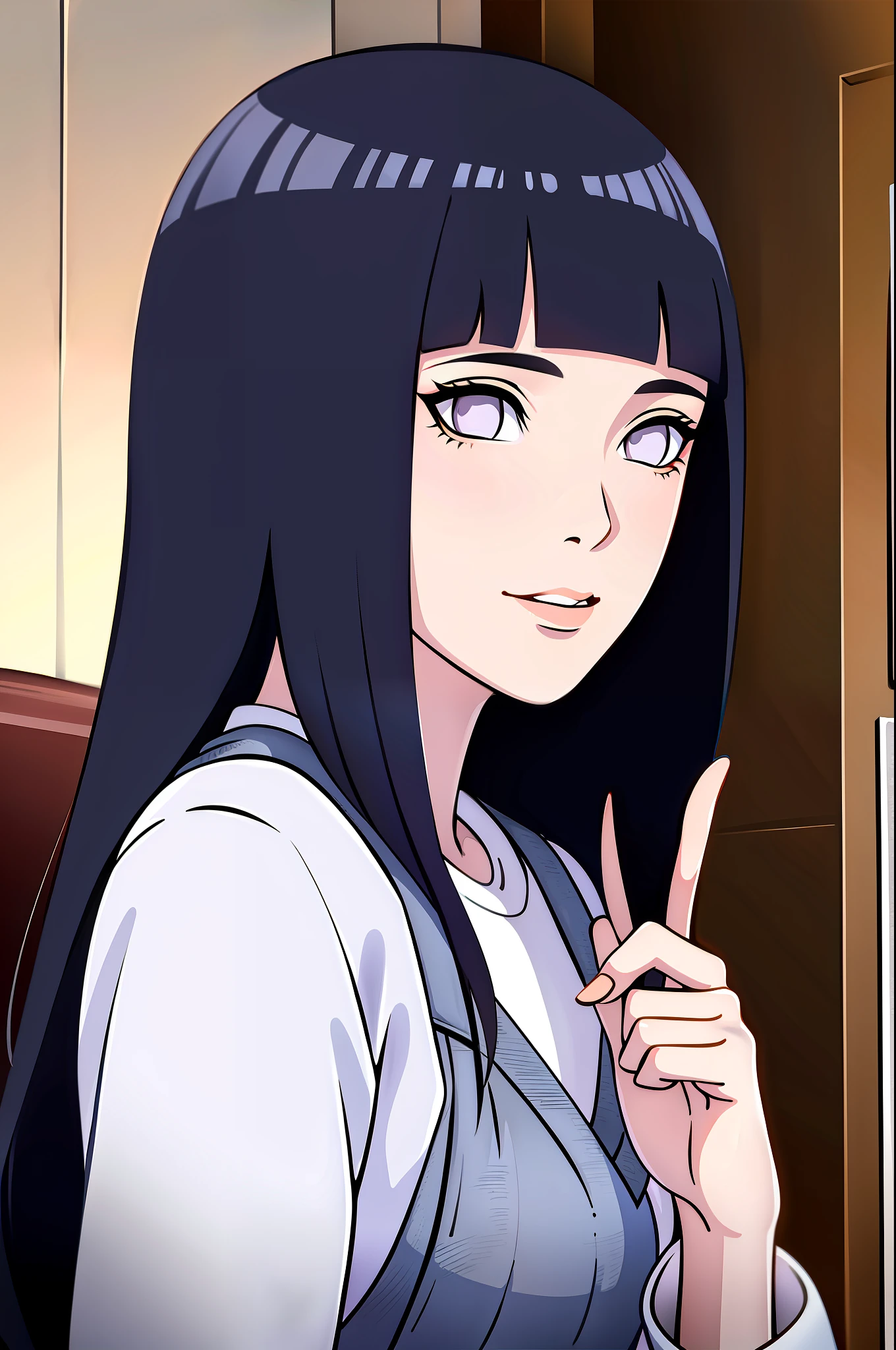 (Portraits:1.4), (masterpiece:1.2, best quality:1.2), from side, all body, (((half body)))
1girl, Look at viewer, face and body focus, extremely detailed character, extremely detailed clothes, good-looking, make up, standing, (((overall jeans))), white shirt inner, earrings, (((blunt bangs))), ((long hair)), hinata/(boruto/), big purple eyes, smile, detailed lips, ((at coffe shop))