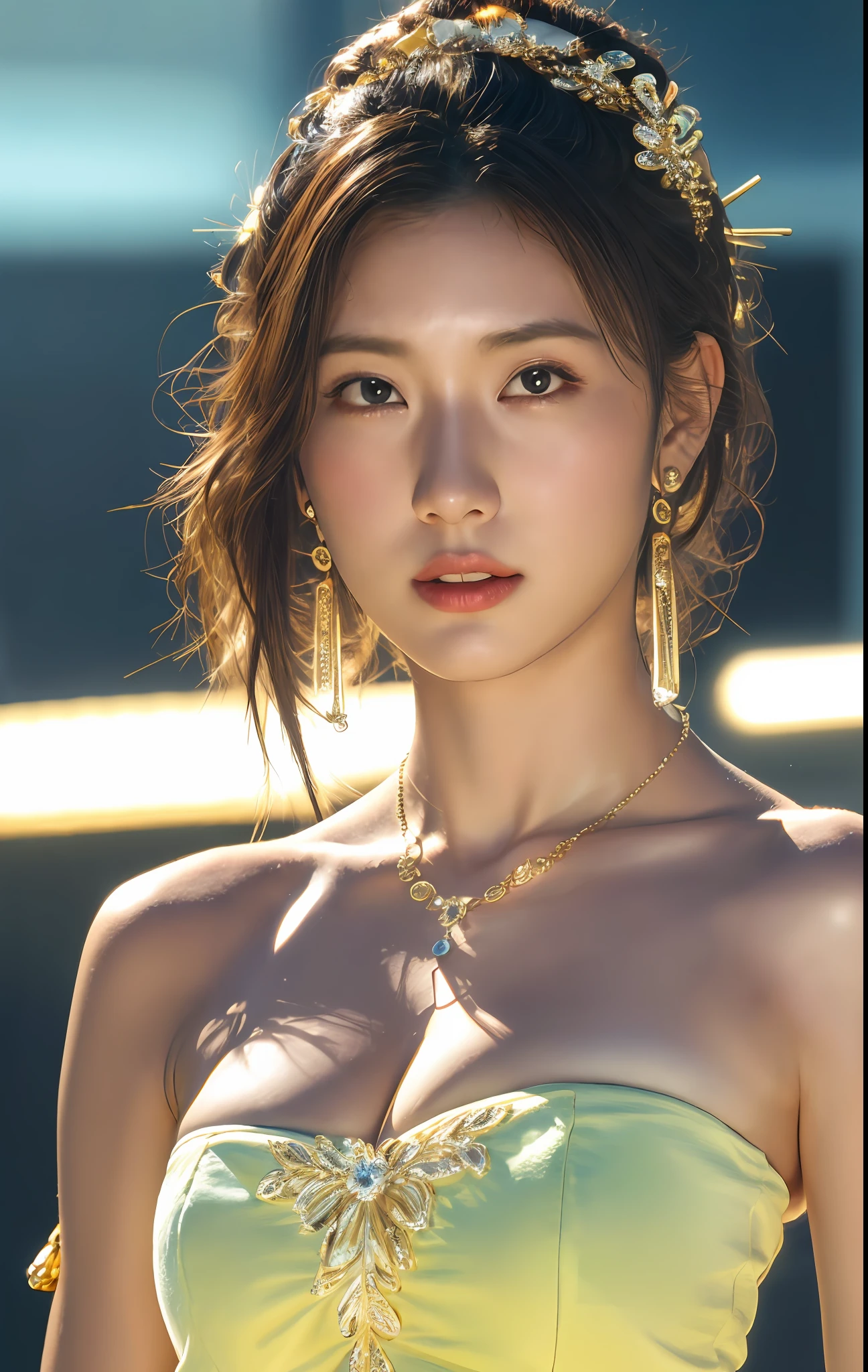 best quality, masterpiece, high_res, 1girl, hair ornament, necklace, jewelry, Beautiful face, tyndall effect, photo realistic, rim lighting, two tone lighting, (high detailed skin:1.2), 8k uhd, dslr, soft lighting, high quality, volumetric lighting, candid, Photograph, high resolution, 4k, 8k, Bokeh, medium breasts, absurdres,