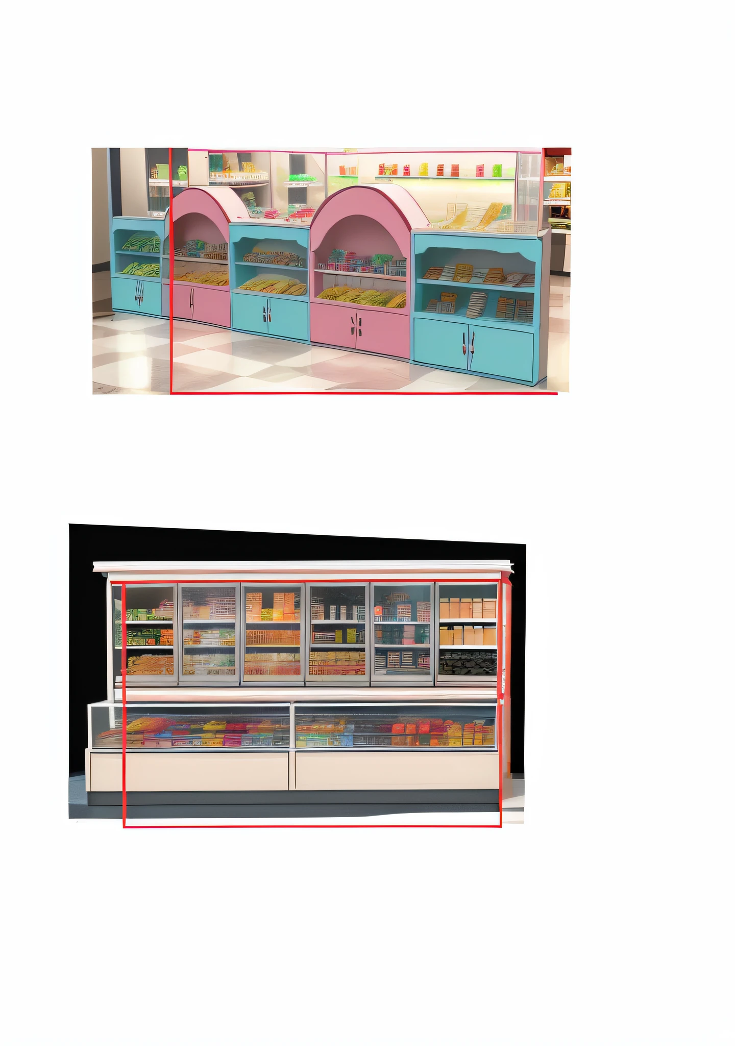 There are two display cabinet pictures of different food products, product display, high detail store, 3D product, store, mall candy store, detailed pictures, concept, display case, product, toy room, convenience store, display case, Miyazaki Hayao 2D animation style, electronic box display, adult, mini model, big sweet jar on the shelf, detailed image