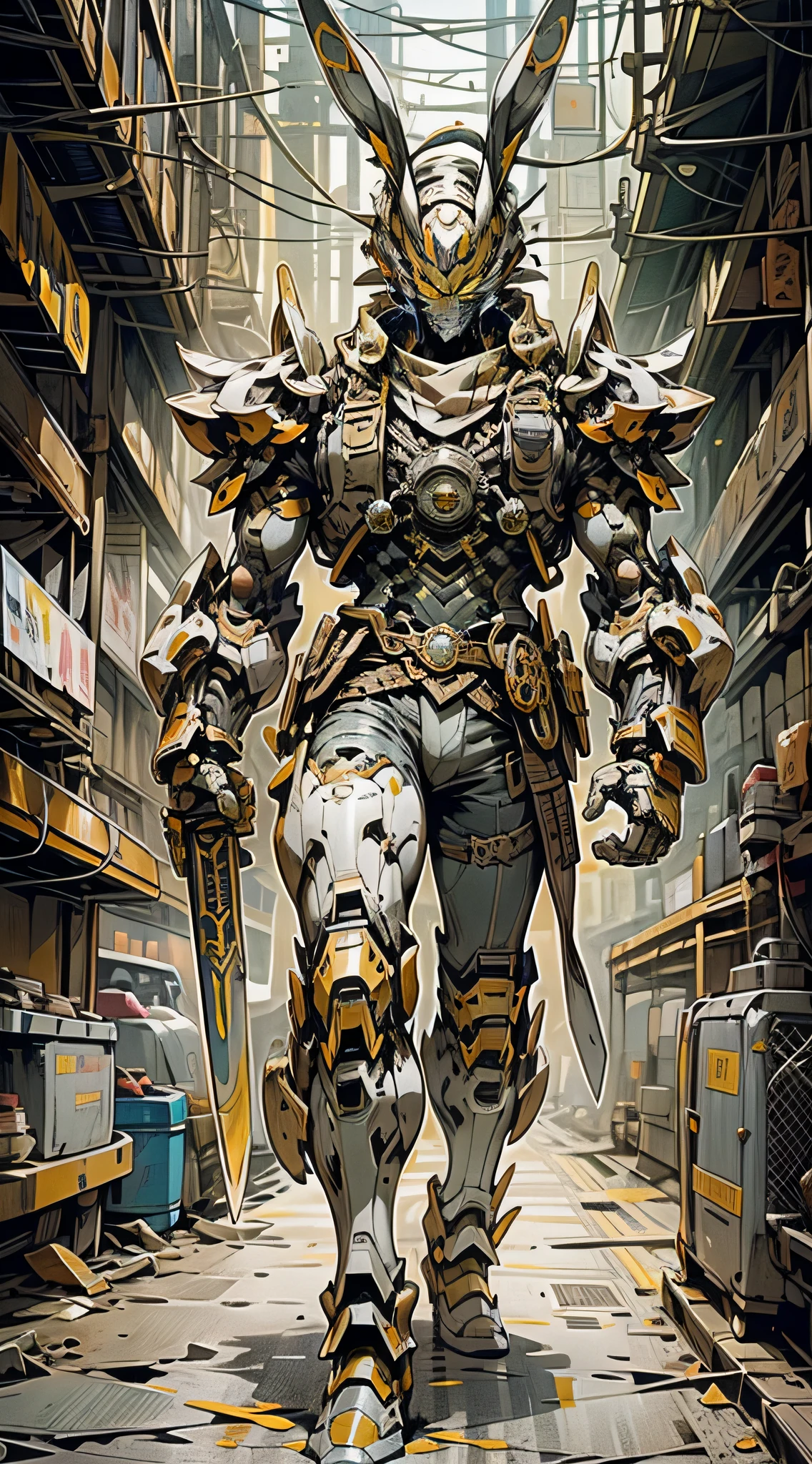Masterpiece) A man in antique armor and a rabbit mask with a weapon walking down the street, costume warrior, weapon in hand, cyberpunk style color scheme, ((intricate detail, super detailed)) 8K.