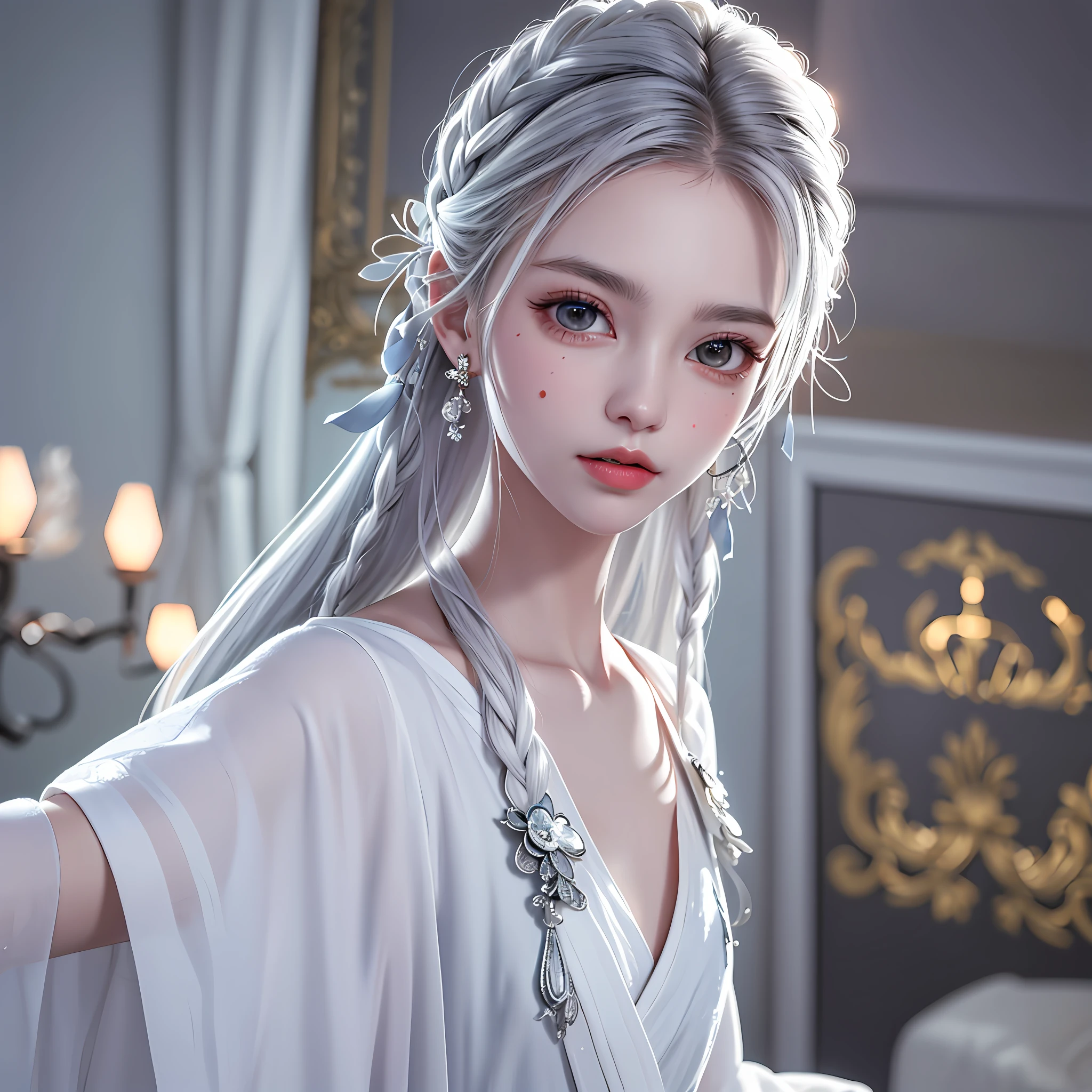 (best quality, masterpiece:1.2), ultra high res, realistic, front lighting, intricate detail, Exquisite details and textures, 1girl, solo ,(young), face highlight, upper body, detailed face, tear mole, white skin, silver hair, ponytail, braid hair, looking at viewer, big eyes, silk robe, (hollow pattern, white, silk), earrings, small breasts, slim body, luxury room, professional lighting, photon mapping, radiosity, physically-based rendering,