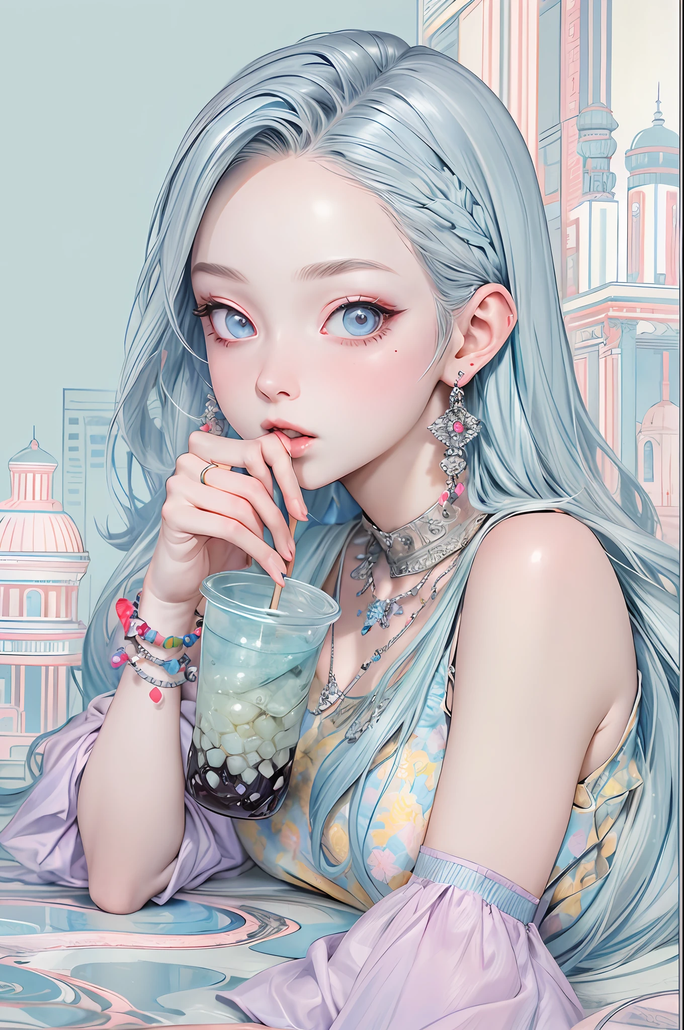 Masterpiece, best quality, official art, 8k wallpaper, very detailed, illustration, 1 girl, sky blue hair, dress, off-the-shoulder, bubble tea, necklace, earrings