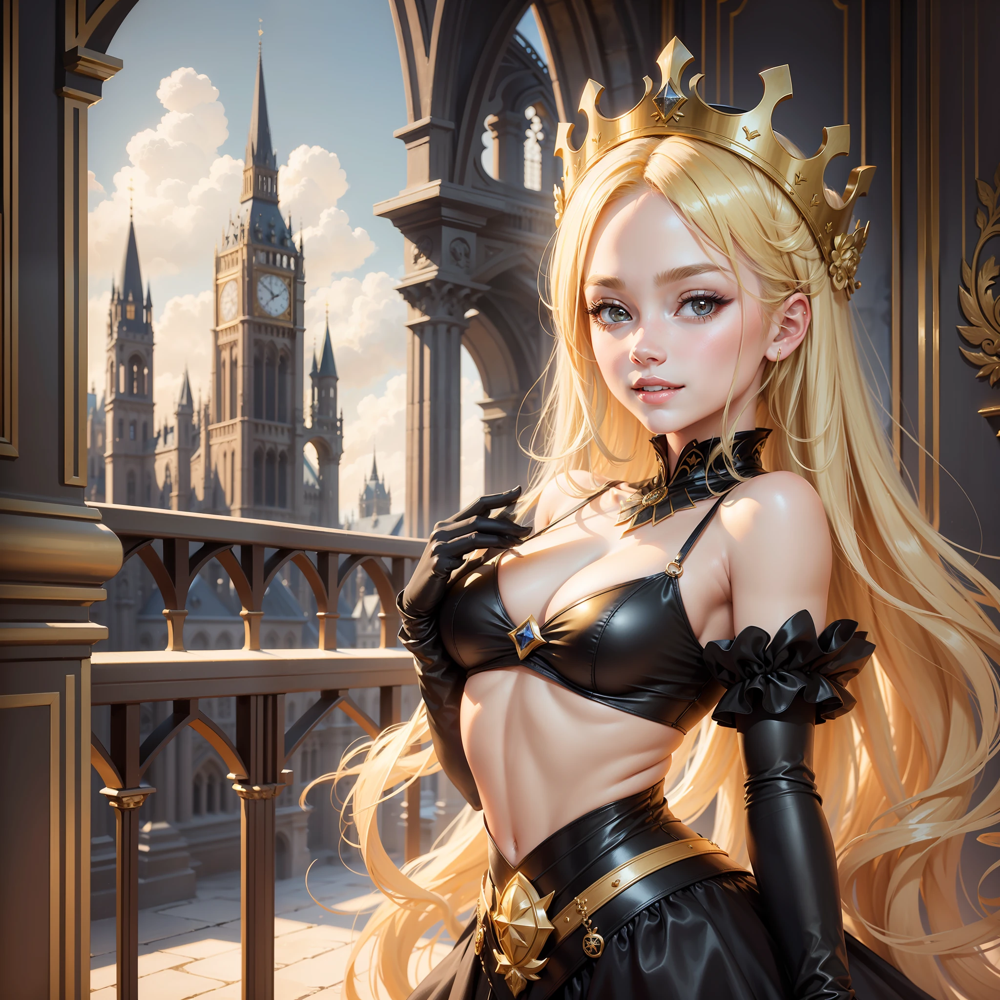 1 girl, masterpiece, blond hair, European face, highest quality, solo focus, (perfect face: 1.1), (high detail: 1.1), black tight dress, black gloves, golden crown, gothic architecture, beautiful wide smile, full plan.