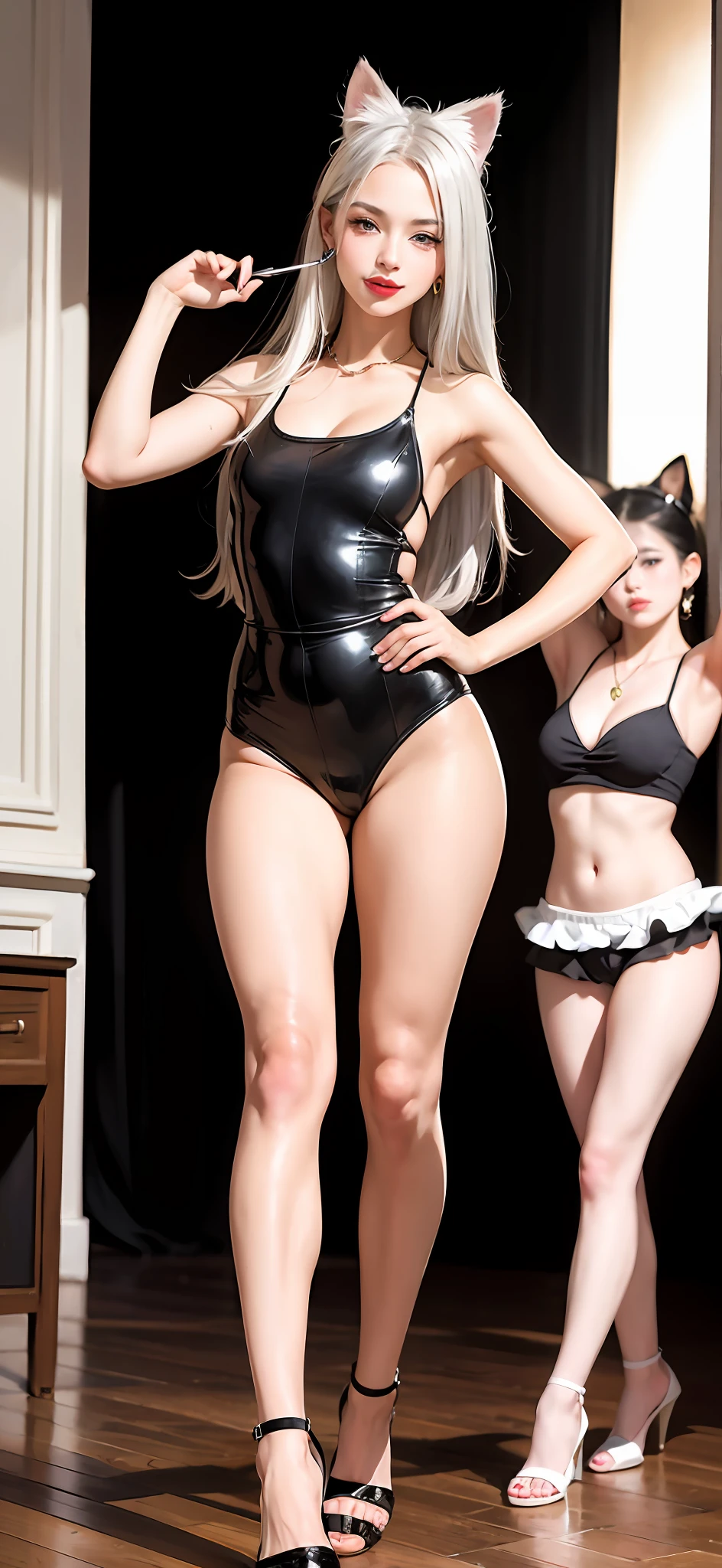 2 beautiful women with cat ears, in seductive poses, dynamic poses, leaning forward, 2 alluring sexy women wearing shorts and thight tank tops, wearing cat ears and cat slippers, 2 women with silver and golden hair, full body poses, winking eyes, longing, luxurious and lustfull women, with grey hair wearing a long leather coat, running, man wearing a black bonet, shoulder lenght hair, dynamic pose, seduction, strained facial features, (8k, RAW photo, photorealistic:1.25) ,( lipgloss, eyelashes, two women, gloss-face, glossy skin, dark skin, dark snik, women, best quality, ultra highres, 2 young women, depth of field, chromatic aberration, caustics, Broad lighting, natural shading,) looking at viewer with a serene and god-like happiness, playful alluring smirk