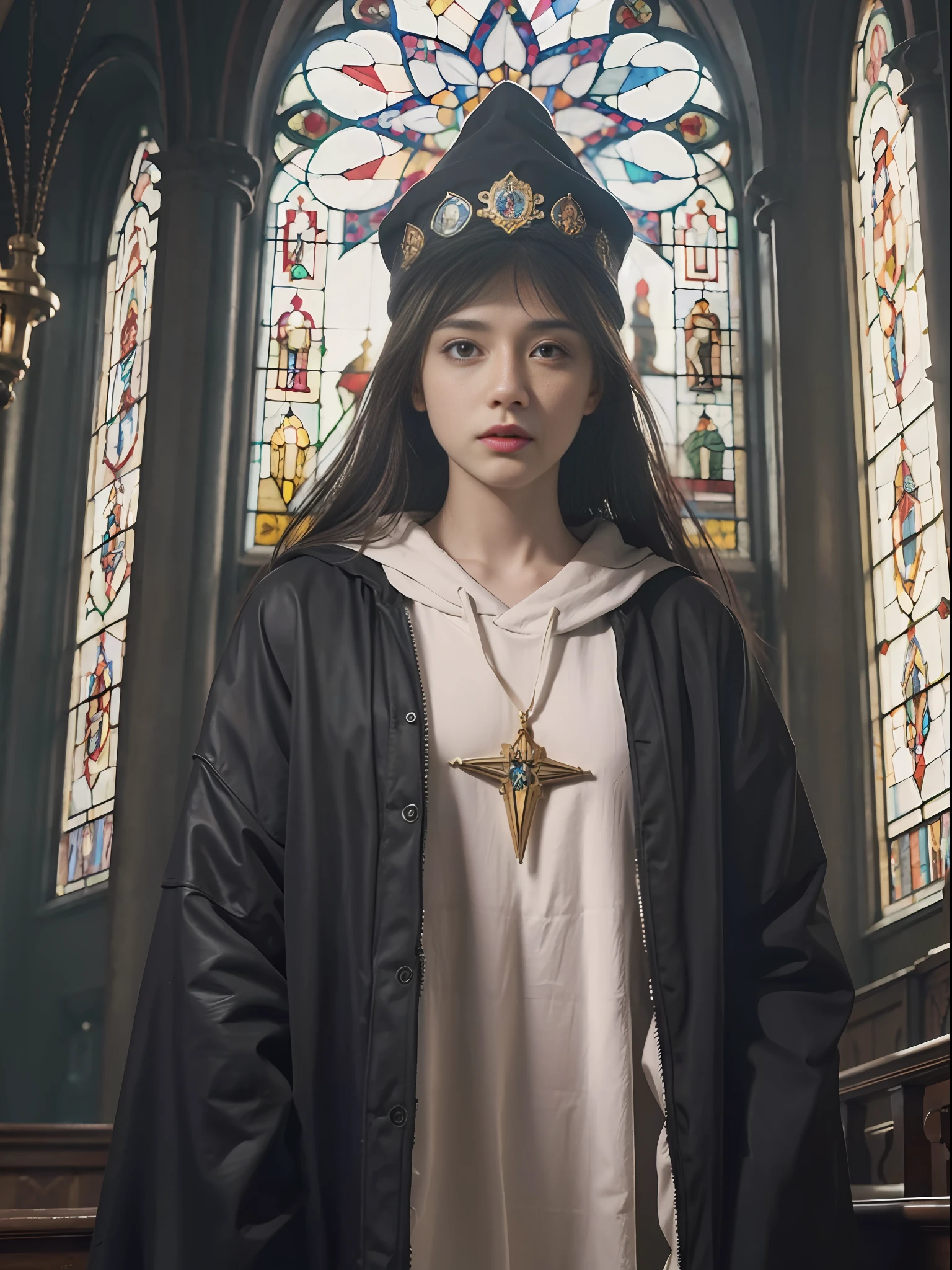 best quality,masterpiece, 1young woman of a Enthralling Dire Russian Grandpa wearing holy raiments, religious icons, cathedral, stained glass windows, colorful light through stained glass windows, Ethereal Pencil Mustache, Wizard hat, Horror, Yuccie Art, Black lighting, opulent, 64K, art by Nick Knight, (art by Zoe Buckman:1.3), ultra high res,Extremely Detailed Official Unity 8K Wallpapers,ultra high res,ultra high quality.
