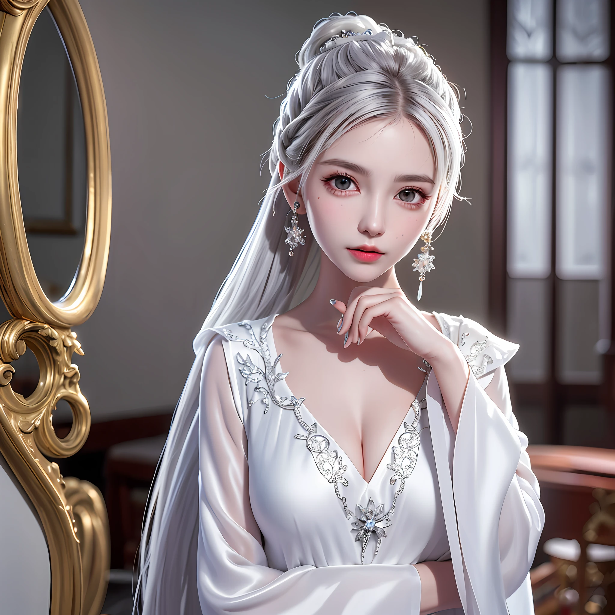 (best quality, masterpiece:1.2), ultra high res, realistic, front lighting, intricate detail, Exquisite details and textures, 1girl, solo ,(young), face highlight, upper body, detailed face, tear mole, white skin, silver hair, ponytail, braid hair, looking at viewer, big eyes, silk robe, (hollow pattern, white, silk), earrings, small breasts, slim body, luxury room, professional lighting, photon mapping, radiosity, physically-based rendering,