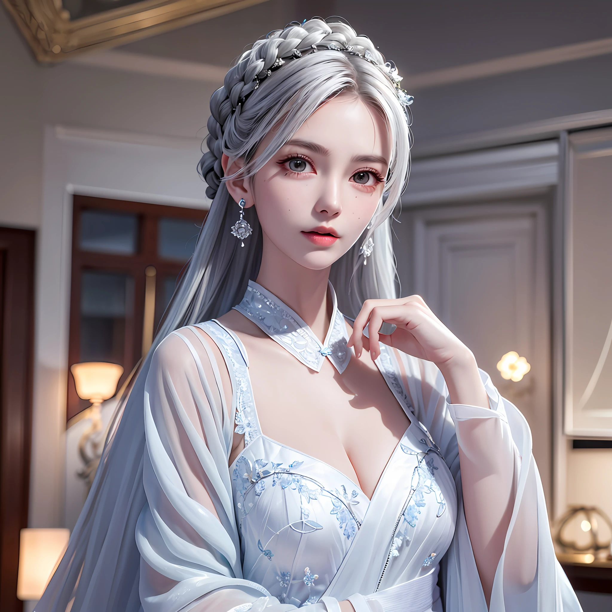 (best quality, masterpiece:1.2), ultra high res, realistic, front lighting, intricate detail, Exquisite details and textures, 1girl, solo ,(young), face highlight, upper body, detailed face, tear mole, white skin, silver hair, ponytail, braid hair, looking at viewer, big eyes, silk robe, (hollow pattern, white, silk), earrings, small breasts, slim body, luxury room, professional lighting, photon mapping, radiosity, physically-based rendering,