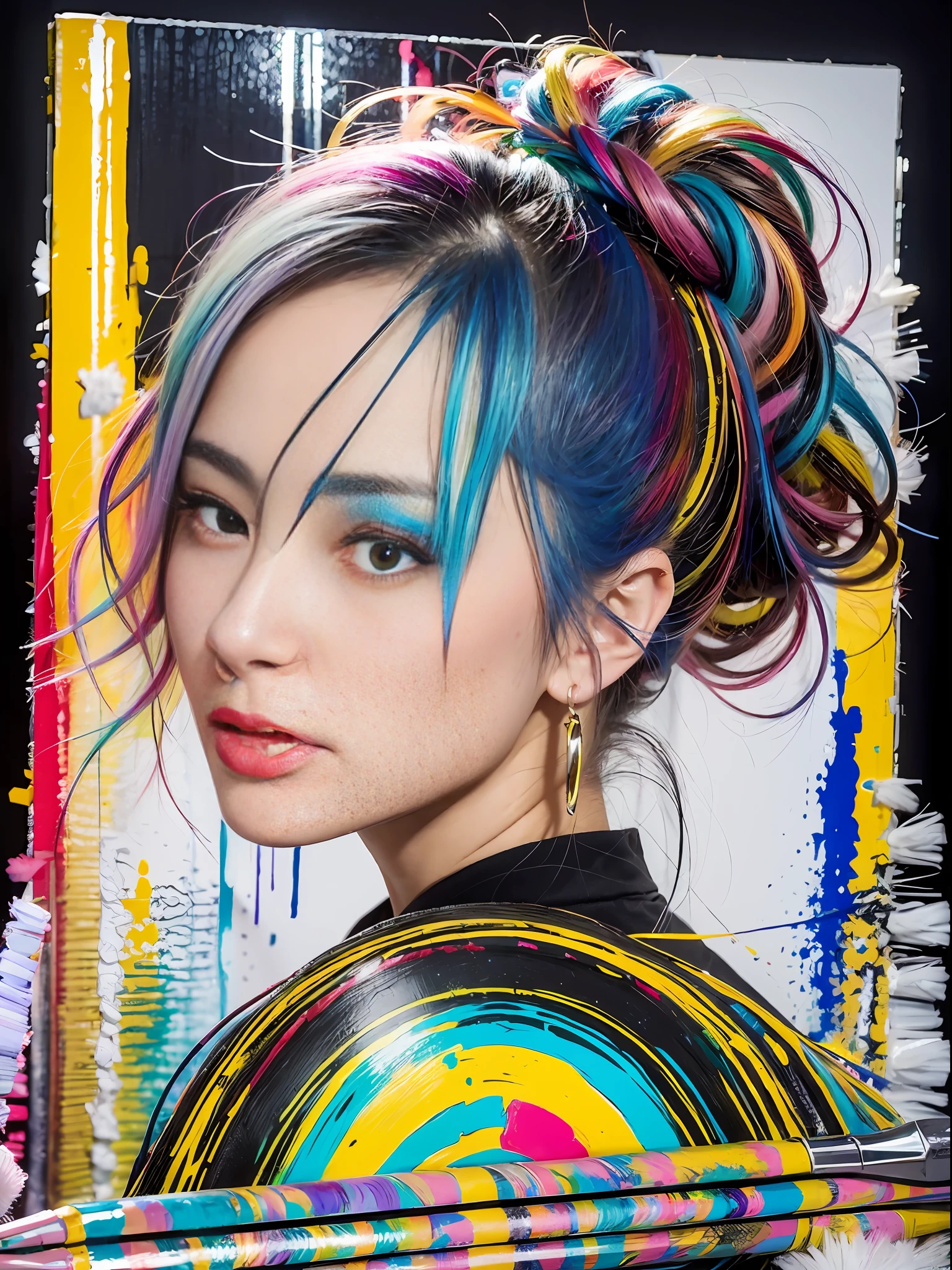 In this lighthearted portrait, a woman is dressed as a fierce warrior, armed with an arsenal of paintbrushes and palette knives. Her war paint is composed of thick, vibrant strokes of color, and her armor is made of paint tubes and paint-splattered canvases. She stands victoriously atop a mountain of conquered blank canvases, with a beautiful, colorful landscape behind her, symbolizing the power of art and creativity. bust Portrait, close-up, Bright and transparent scene lighting.