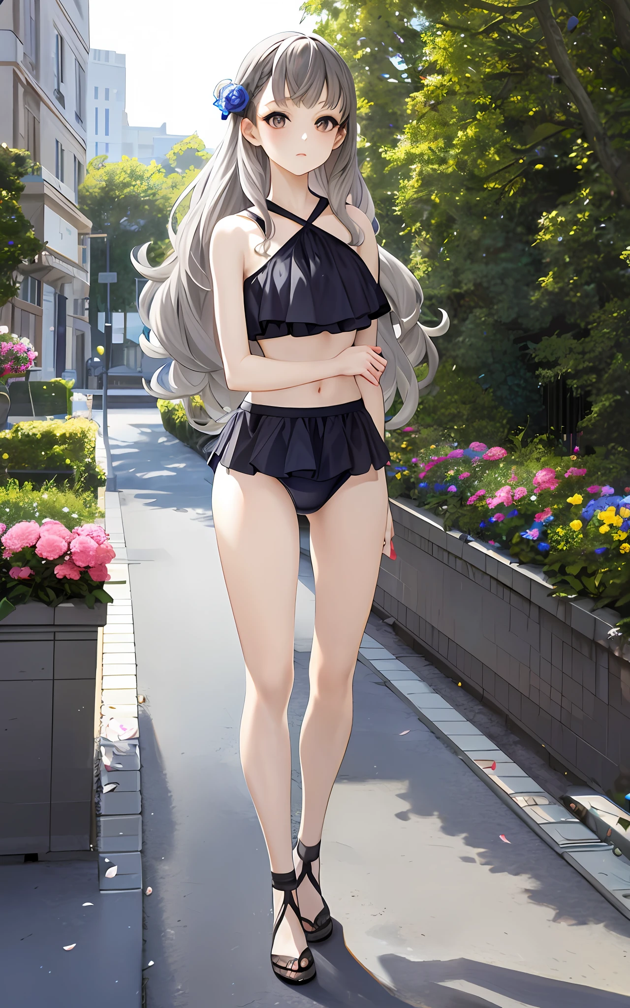 Masterpiece, top quality, Iori Fuyusaka 1, 1 girl, solo, (Venus bikini: 1.2), micro bikini, hair ornament, flowers, long hair, full body, gray hair, white flowers, gray eyes, viewer look, highly detailed urban background, (ulzzang-6500: 0.8), blush,