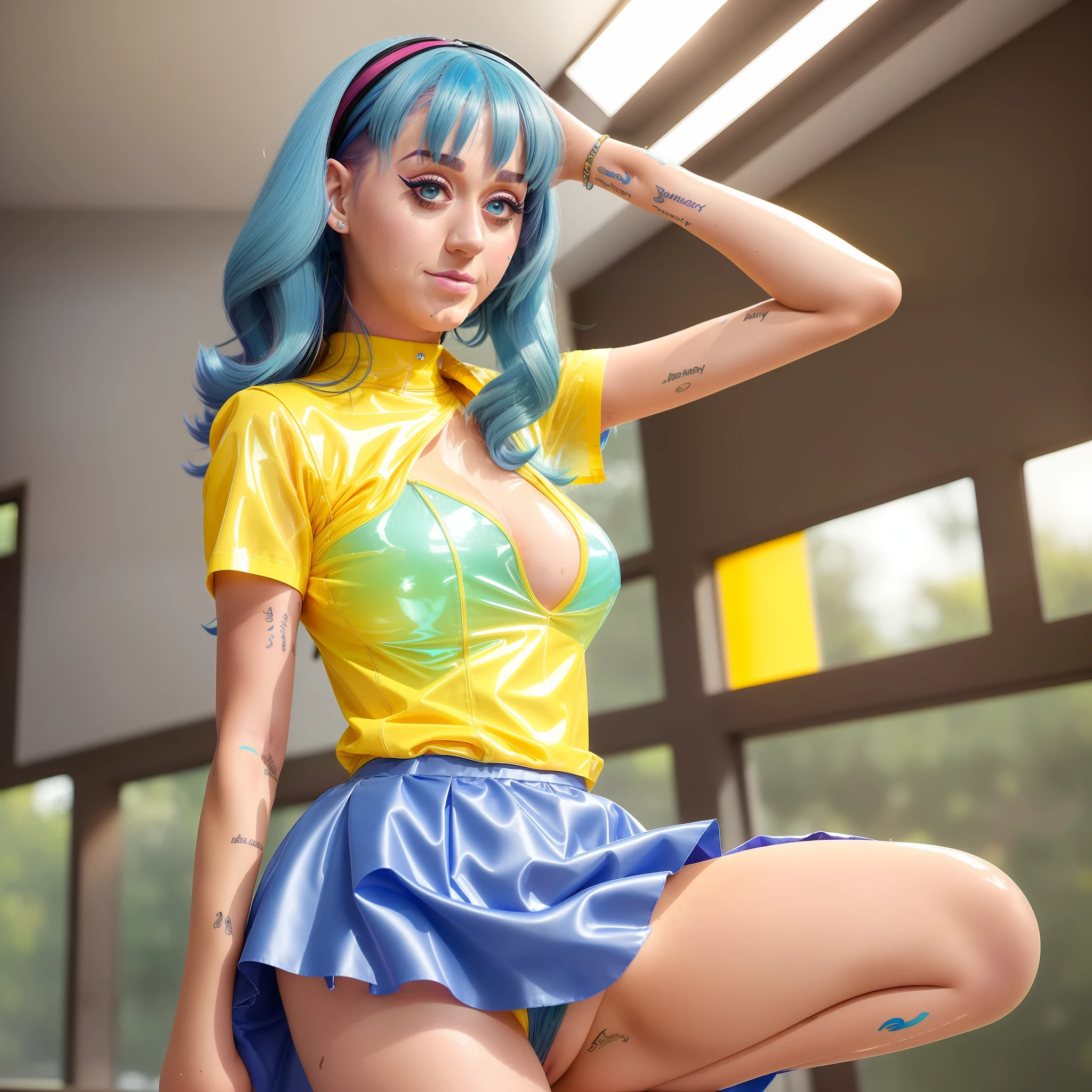 AGMM, 1girl, (Katy Perry, blue hair, Yellow_Skin, Colored_Skin:1.2), wearing wet see-through school uniform, large breasts, reveal, covered, skirt, thighhighs. inside building, classroom, sunbeams, bokeh, sparkles, evening, smile, sexy smile, --auto --s2