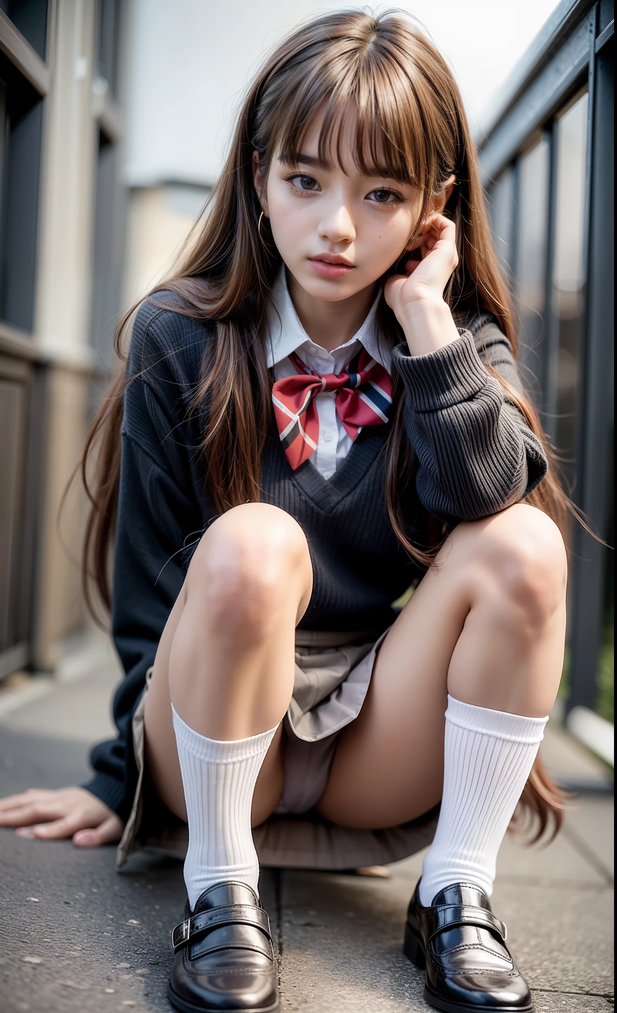 masterpiece, best quality, ultra-detailed, panchira, underwear, photo of 18 y.o girl, cute, ((kpop idol)), panties, sitting, pantyshot, skirt, school uniform, white panties, socks, black hair, shirt, blurry, blurry background, kneehighs, white shirt, loafers, realistic, long hair, lips, brown eyes, black socks, bowtie, pleated skirt, bow, head rest, looking to the side, outdoors, brown footwear, Front view, (NSFW:1.175)