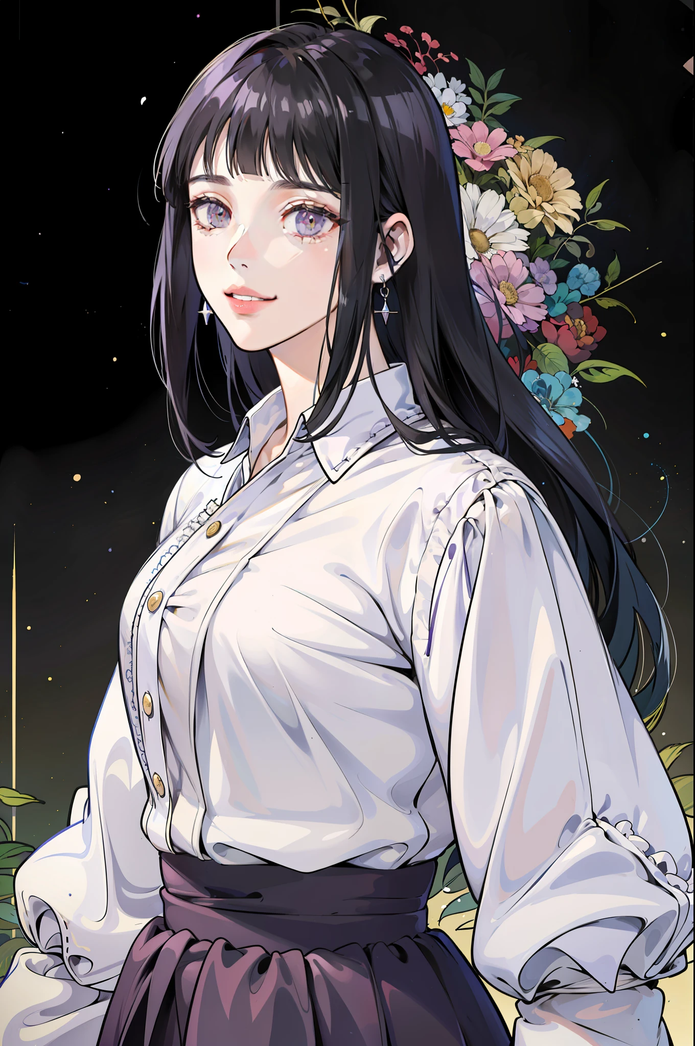 (Portraits:1.4), (masterpiece:1.2, best quality:1.2)
1girl, Look at viewer, face and body focus, extremely detailed character, extremely detailed clothes, good-looking, make up, standing, ((( warp skirt))), white shirt inner, earrings, (((blunt bangs))), ((long hair)), hinata/(boruto/), big purple eyes, smile, detailed lips, medium breast, flowers