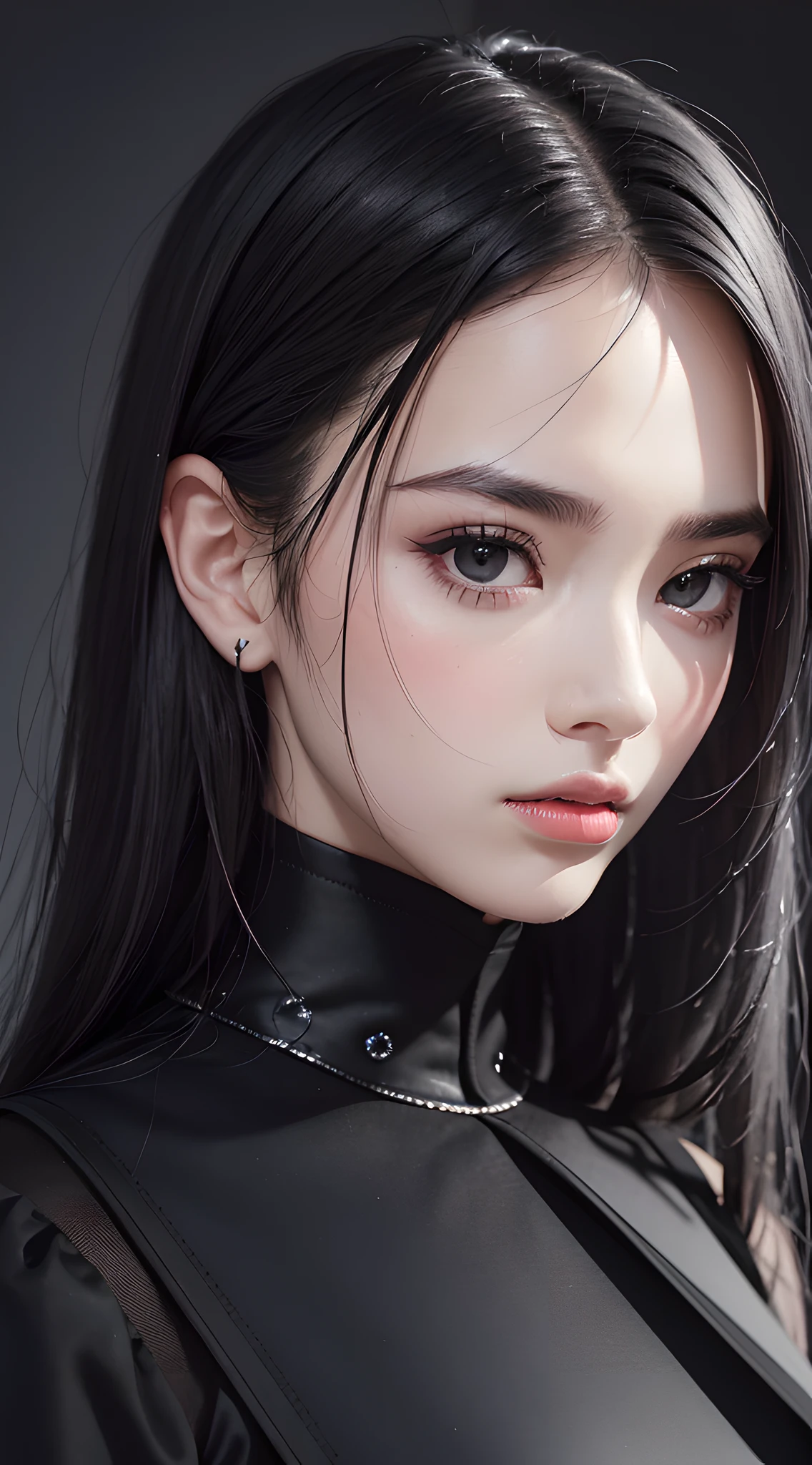 masterpiece, best quality, 35mm, 8k, absurdres, beautiful girl, (upper body, dark grey background:1.4), (black classical dress, black hair:1.6), slender, dark studio, rim lighting, ultra realistic, highres, photography, film grain, chromatic aberration, depth of field, sharp focus, HDR, facelight, dynamic lighting, cinematic lighting, professional shadow, dark shadow, highest detailed, extreme detailed, ultra detailed, finely detail, real skin, delicate facial features, detailed face and eyes, sharp pupils, realistic pupils, Trang Tien
