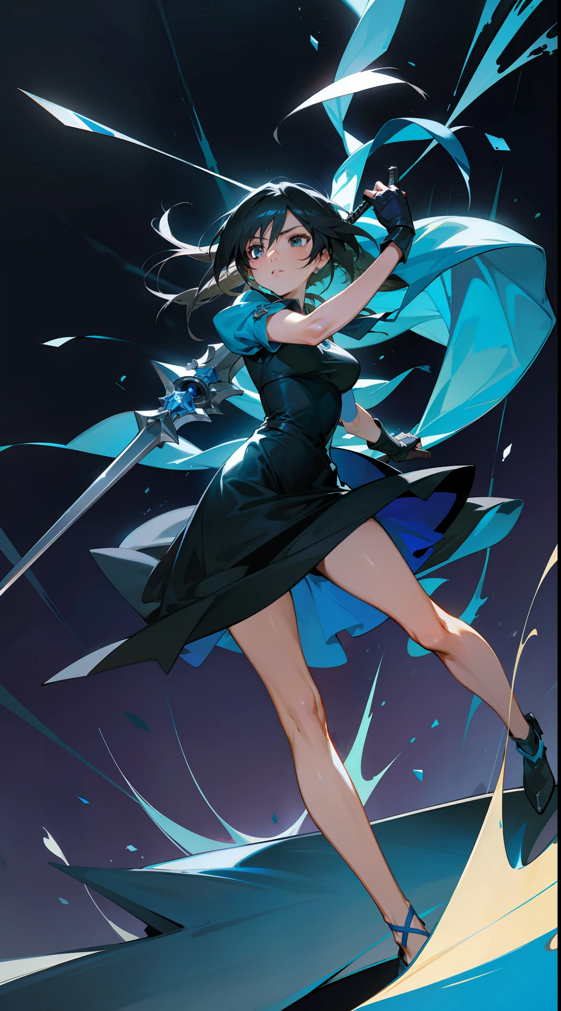 Rinoa, from Final Fantasy 8, wearing a dark blue dress armor, with a blue and black gunblade