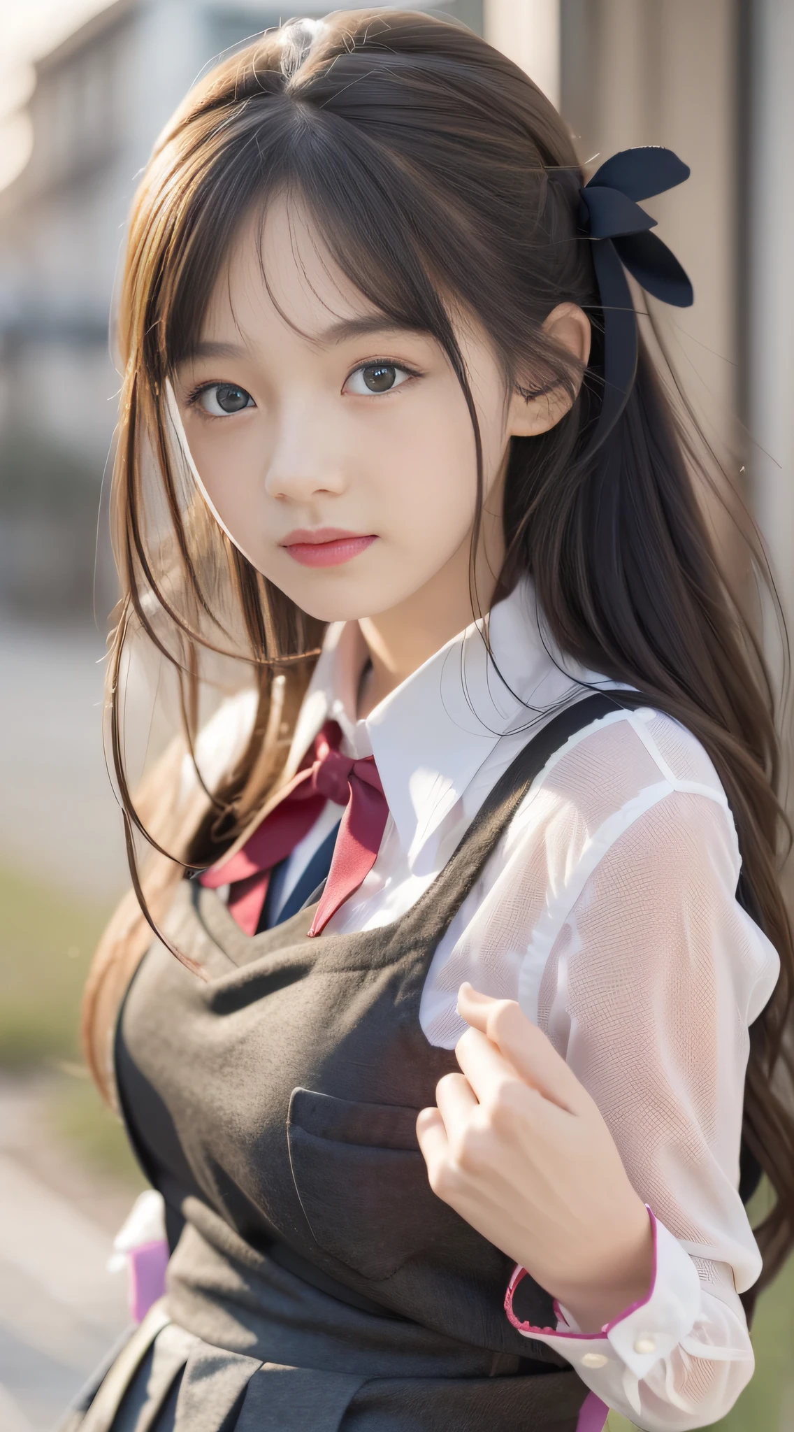 1girl, solo, (school uniform:1.4), green eyes, dress, looking_at_viewer, neck_ribbon, cute, clear facial skin, (best quality), (masterpiece:1.1)