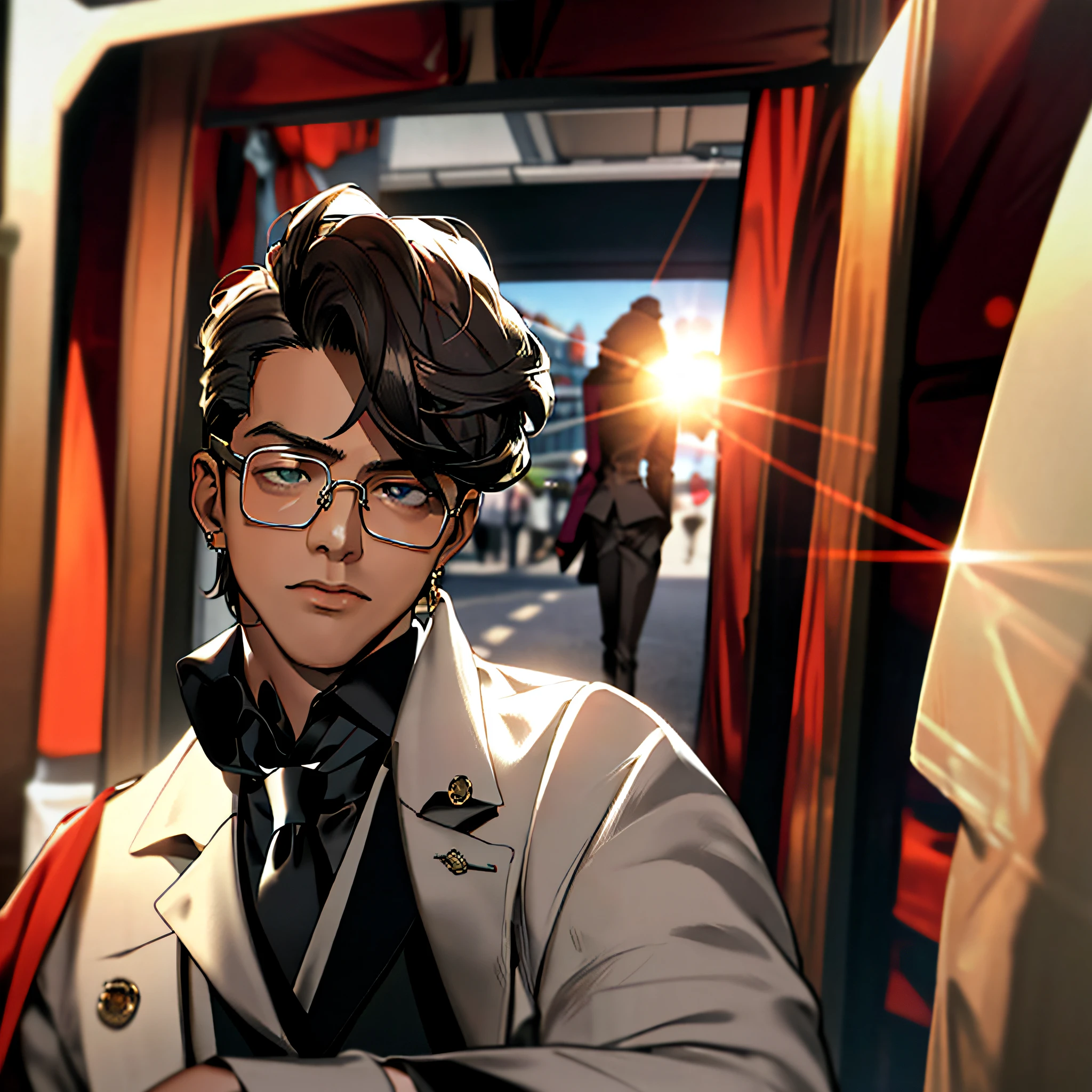 Masterpiece, best quality, (1man:1.3), 25 years old, short hair, colored pointed toe, curly hair, tinted glasses, earrings, gun, tie, corset, mafia style, handcuffs, wrap coat, street, from above, (Dutch point, fisheye), lens flare, depth of field