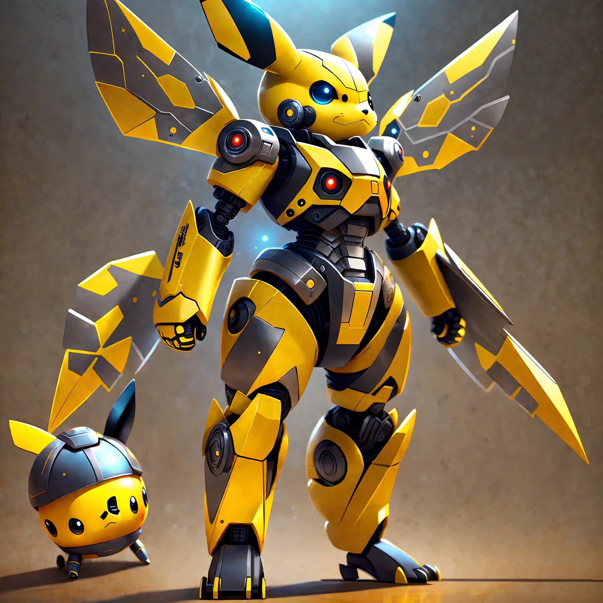Design a robot Pikachu with wings that has a sturdy, shiny metallic finish with bright LED eyes and a set of sleek, streamlined propellers on the back. --auto --s2