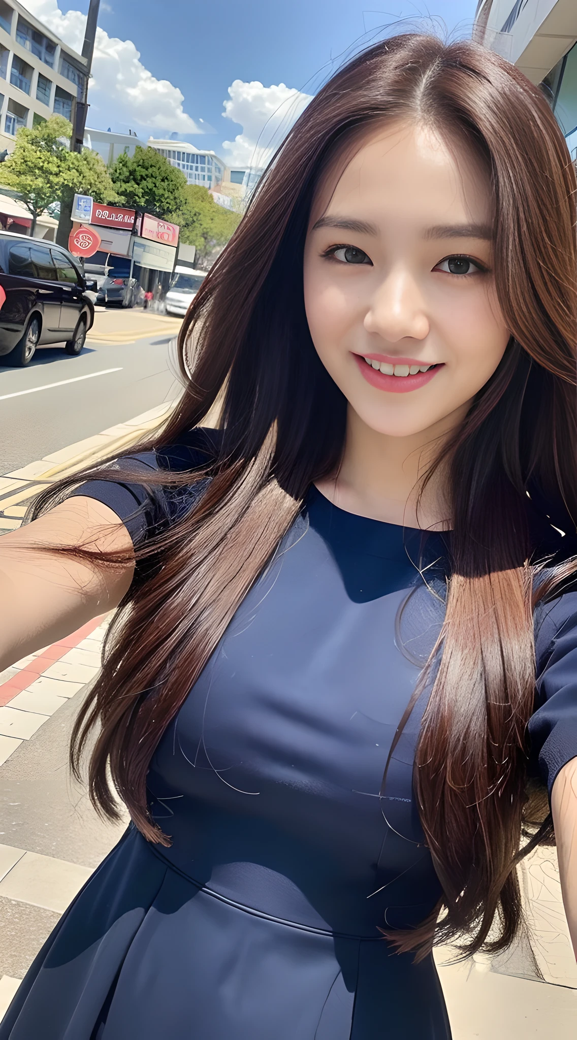 ((Best quality, 8k, Masterpiece :1.3)), 1girl, taking selfie, closeup, smiling, slim face, Pretty woman, (Dark brown hair), full length dress :1.1, Ultra-detailed face, Detailed eyes, Double eyelid, blur background, slim face, city, outside, street, sunny, sky, Nature