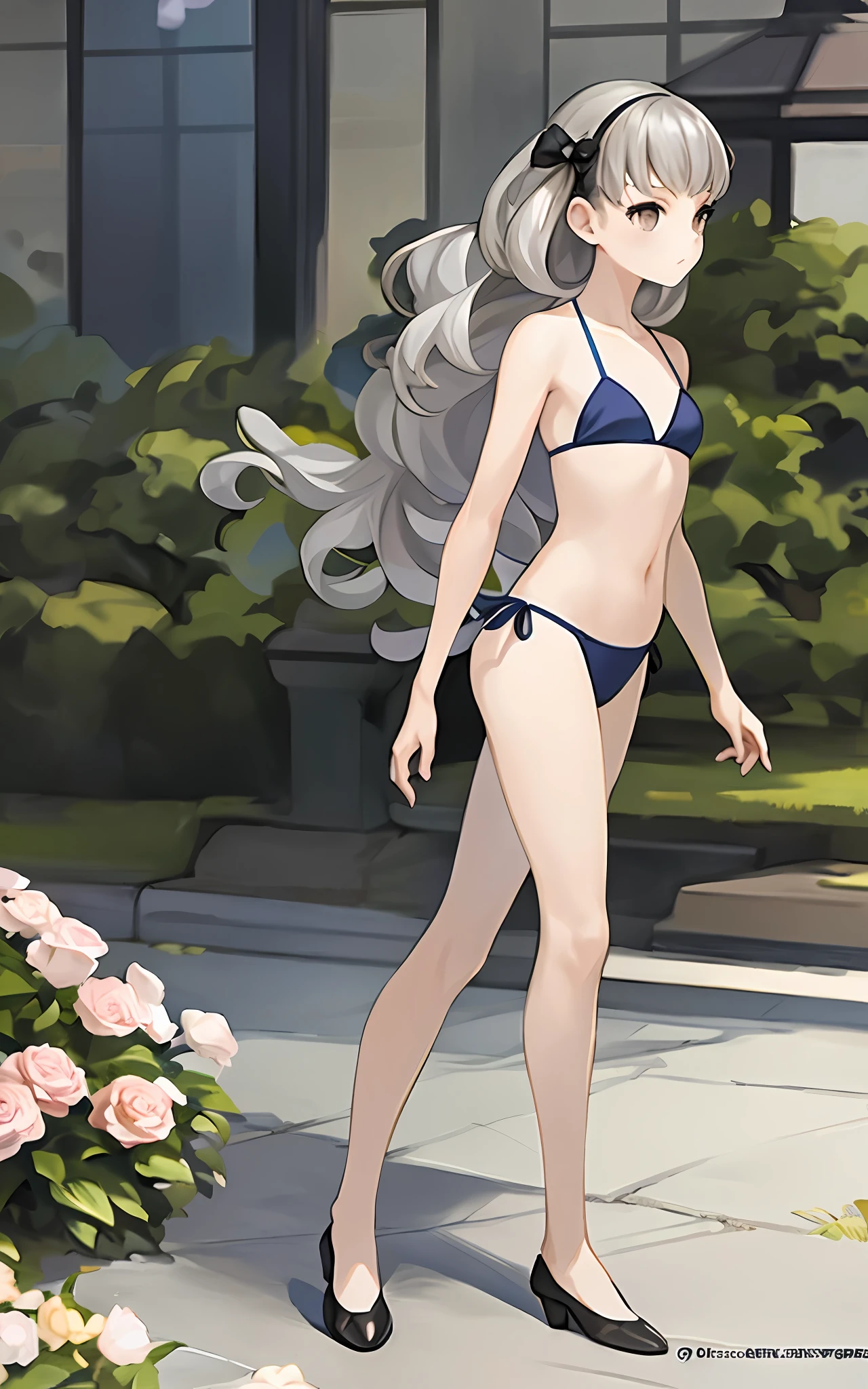 Masterpiece, top quality, Iori Fuyusaka 1, 1 girl, solo, (Venus bikini: 1.2), micro bikini, hair ornament, flowers, long hair, full body, gray hair, white flowers, gray eyes, viewer look, highly detailed urban background, (ulzzang-6500: 0.8), blush,