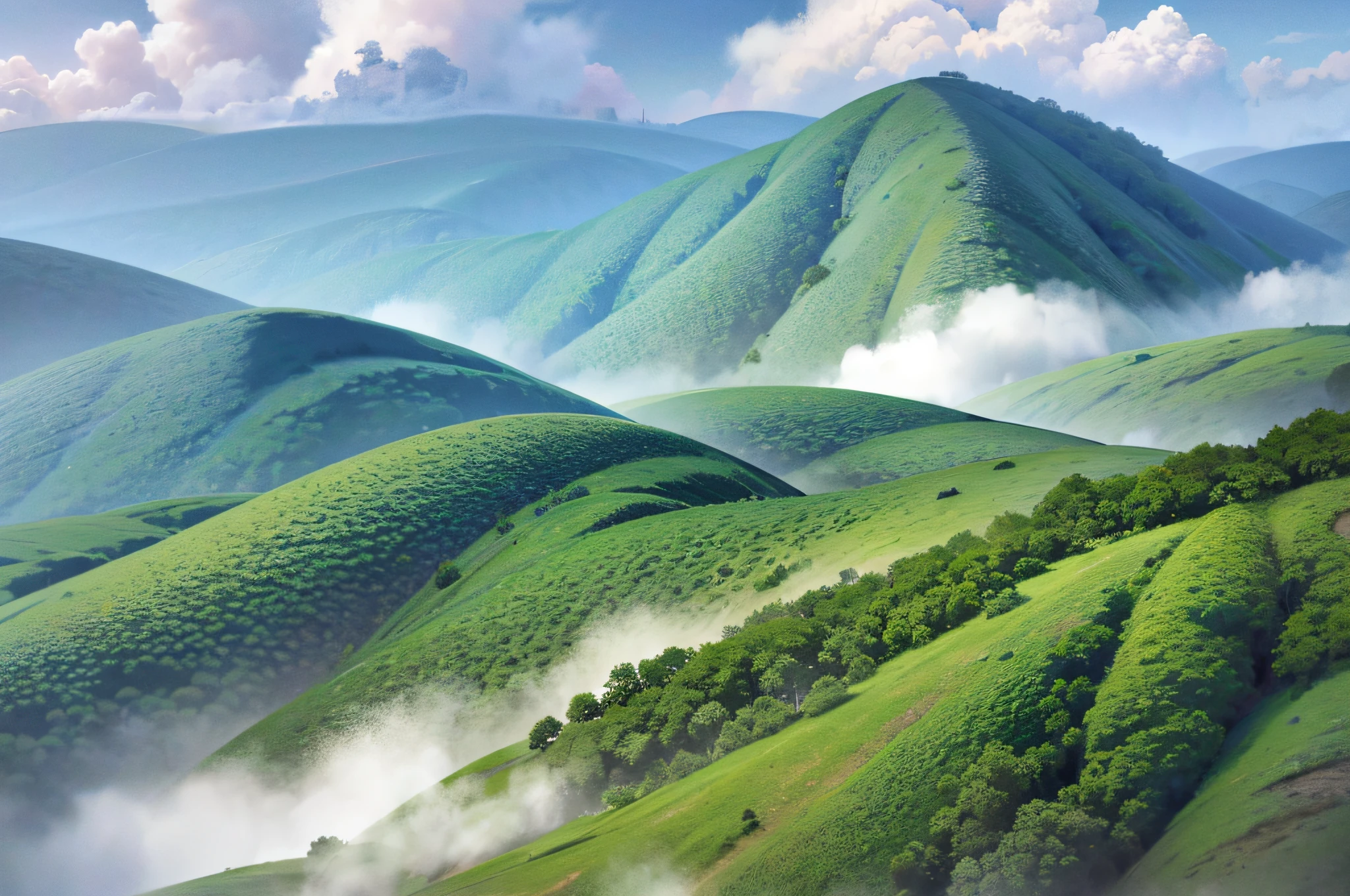 Amazing wild nature view of layer of mountain forest landscape with cloudy sky. Natural green scenery of cloud and mountain slopes background. Maehongson,Thailand. Panorama view --auto --s2