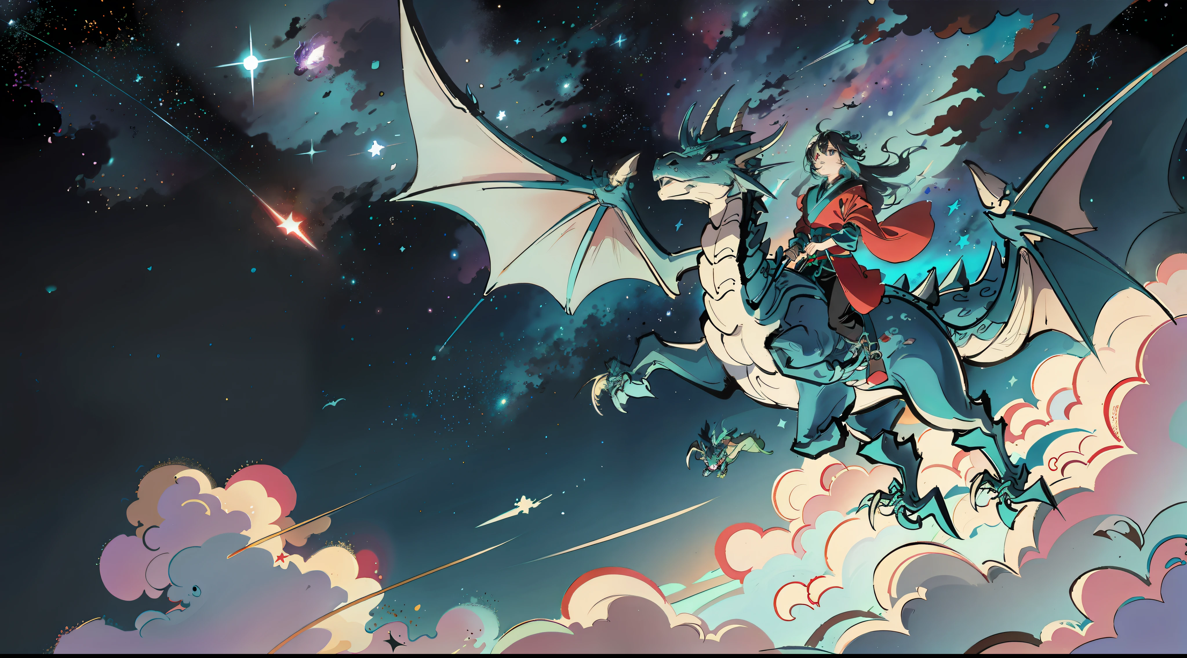 a teal oriental dragon flying around the cosmic nebulas stars