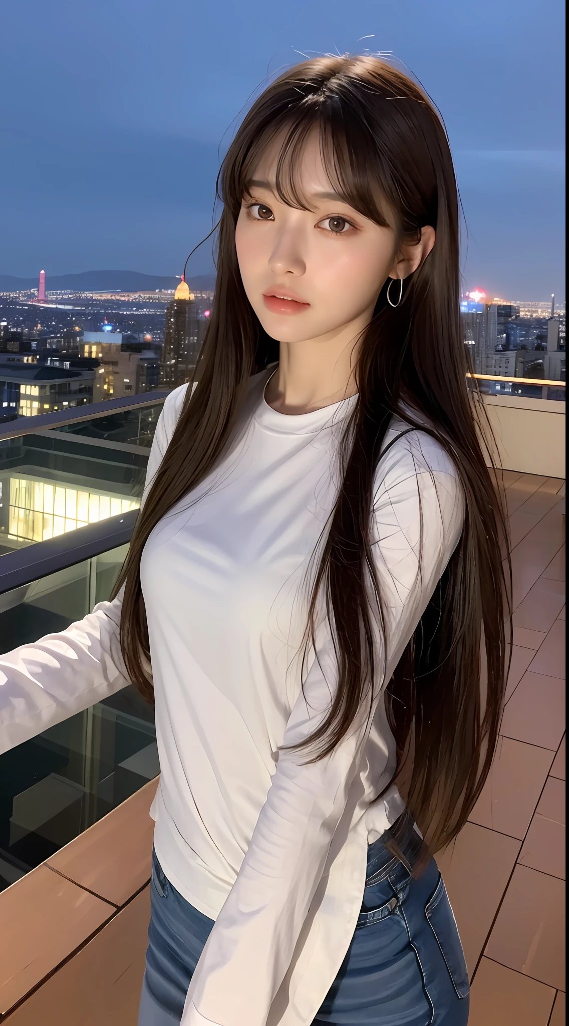 ((Midnight, Best Quality, 8k, Masterpiece: 1.3)), Full Body, Long Legs, Sharp Focus: 1.2, Pretty Women with Perfect Figure: 1.4, Slender Abs: 1.1, ((Dark Brown Hair, Big: 1.2)), (White Tight T-Shirt, Jean Bib, Standing:1.2), ((Night City View, Rooftop: 1.3)), Highly Detailed Face and Skin Texture, Detailed Eyes, Double Eyelids, With bangs