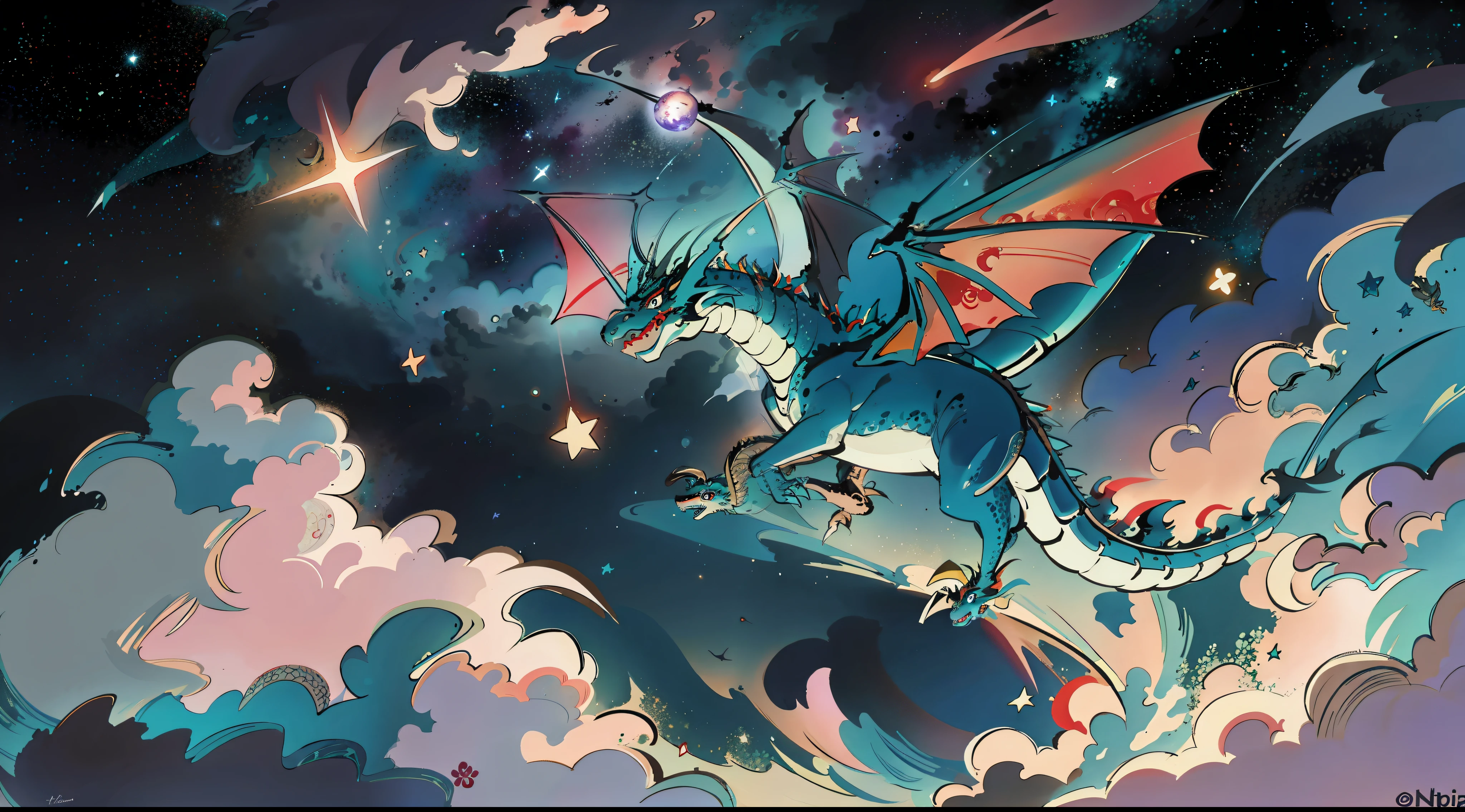 a teal oriental dragon flying around the cosmic nebulas stars