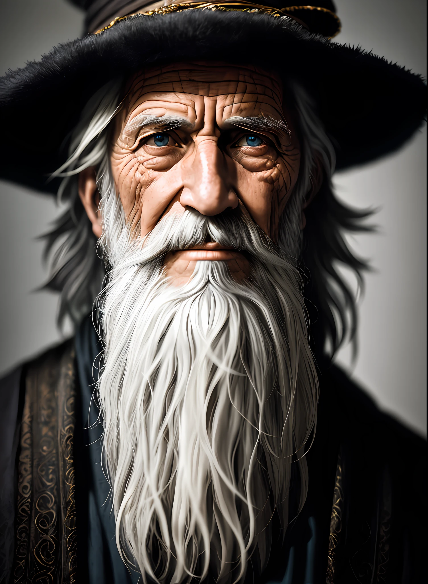 A portrait of a wizard, bearded, wrinkled, weathered, with piercing eyes, detailed face, high details, photography, dark studio, rim light, Nikon D850, 50mm, f/1.4