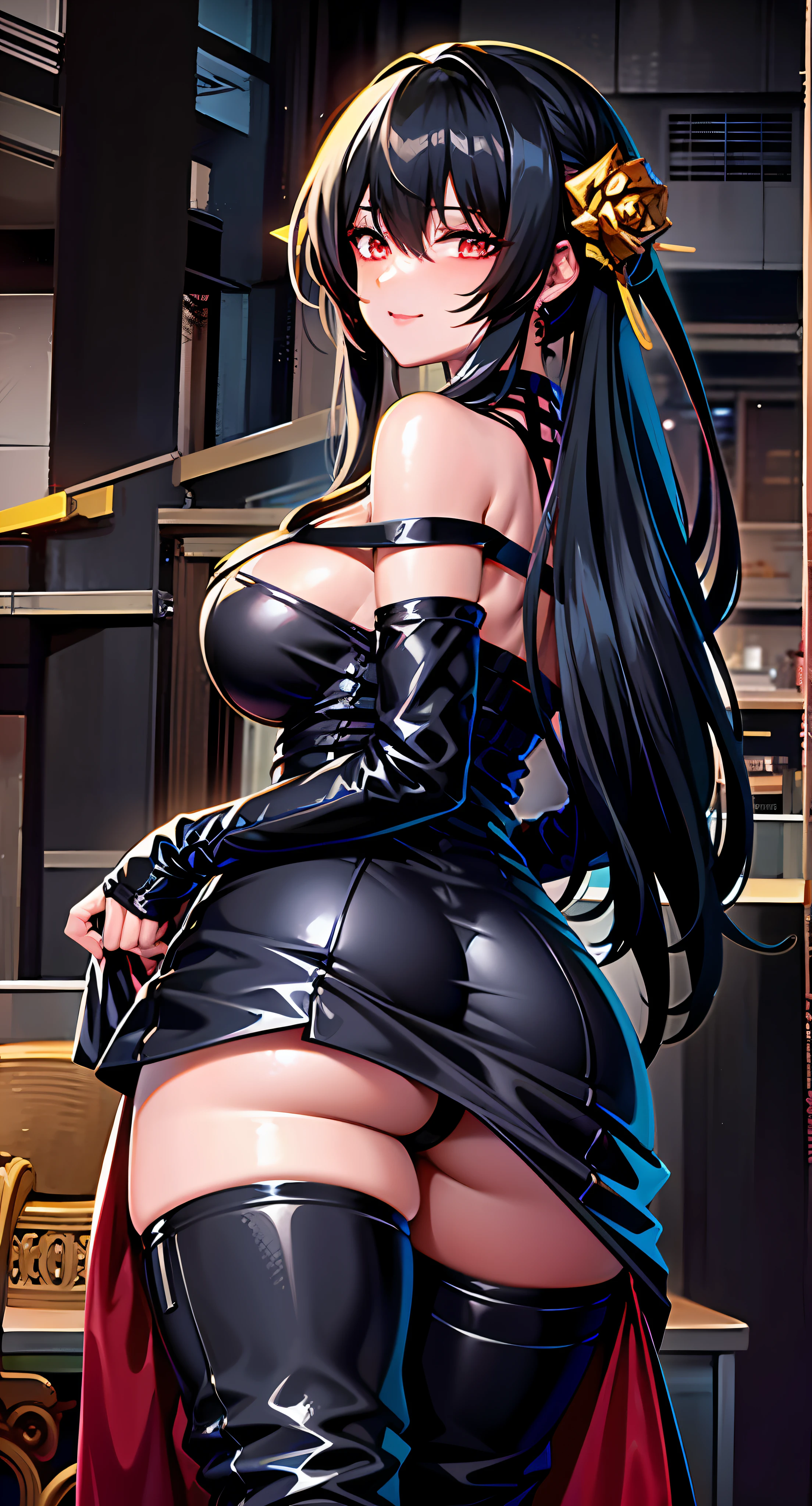 Close-up from behind, sexy hips, yor, black dress, boots, black panties, walk-out, 2.5D style, black boots, no hat, hair coiled, delicate face, cinematic footage, masterpiece, optimized details, hair shorter, hair curled up