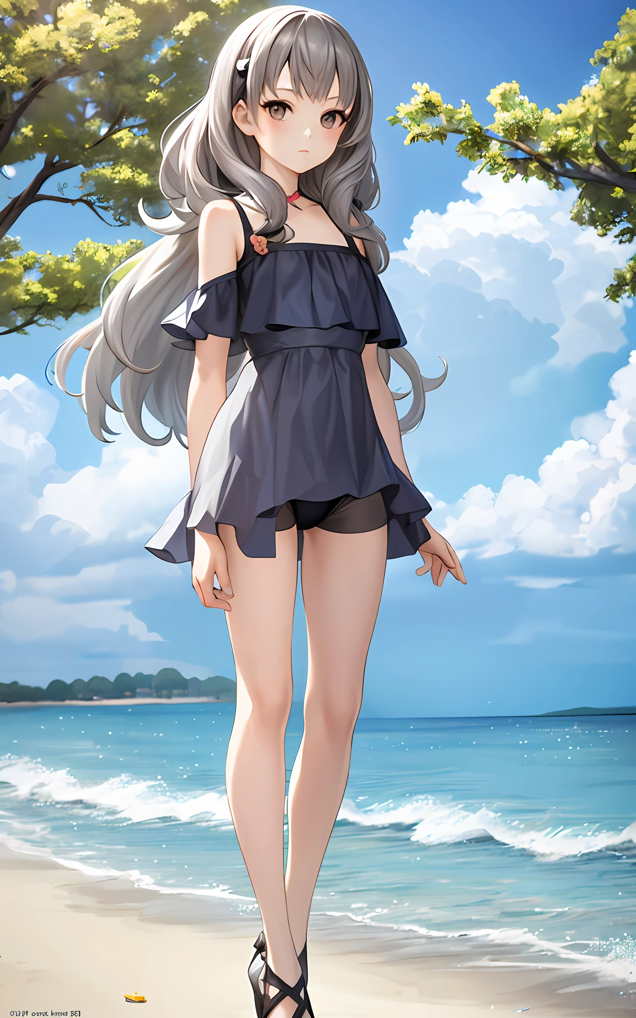 Masterpiece, top quality, Iori Fuyusaka 1, 1 girl, solo, (Venus bikini: 1.2), micro bikini, hair ornament, flowers, long hair, full body, gray hair, white flowers, gray eyes, viewer look, highly detailed urban background, (ulzzang-6500: 0.8), blush,