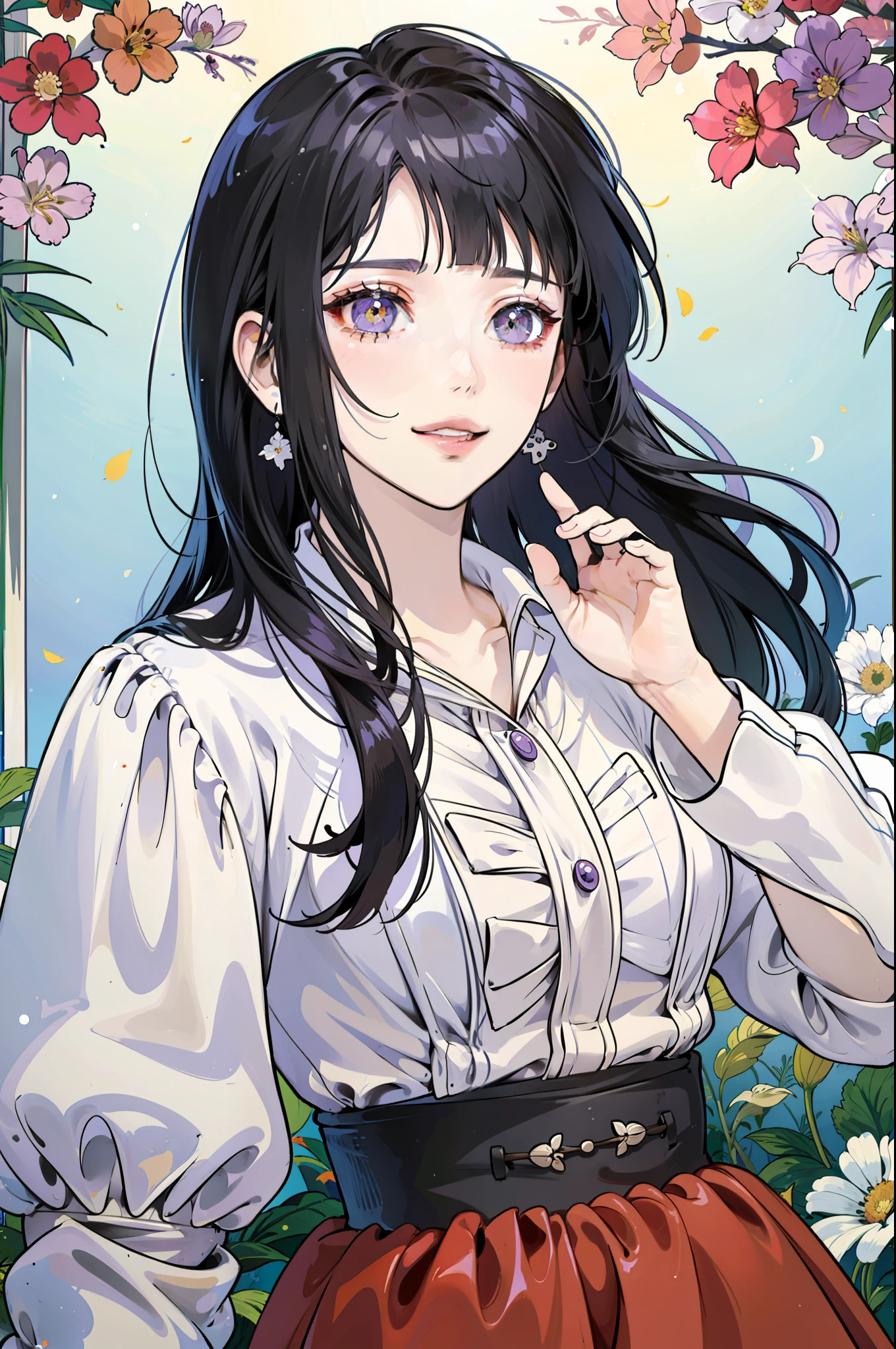 (Portraits:1.4), (masterpiece:1.2, best quality:1.2)
1girl, Look at viewer, face and body focus, extremely detailed character, extremely detailed clothes, good-looking, standing, (((warp skirt))), white shirt inner, earrings, (((blunt bangs))), ((long hair)), hinata/(boruto/), big purple eyes, smile, detailed lips, medium breast, flowers