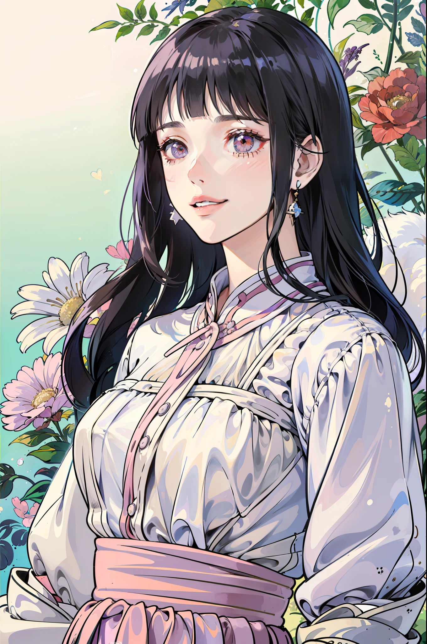 (Portraits:1.4), (masterpiece:1.2, best quality:1.2)
1girl, Look at viewer, face and body focus, extremely detailed character, extremely detailed clothes, good-looking, standing, (((warp skirt))), white shirt inner, earrings, (((blunt bangs))), ((long hair)), hinata/(boruto/), big purple eyes, smile, detailed lips, medium breast, flowers