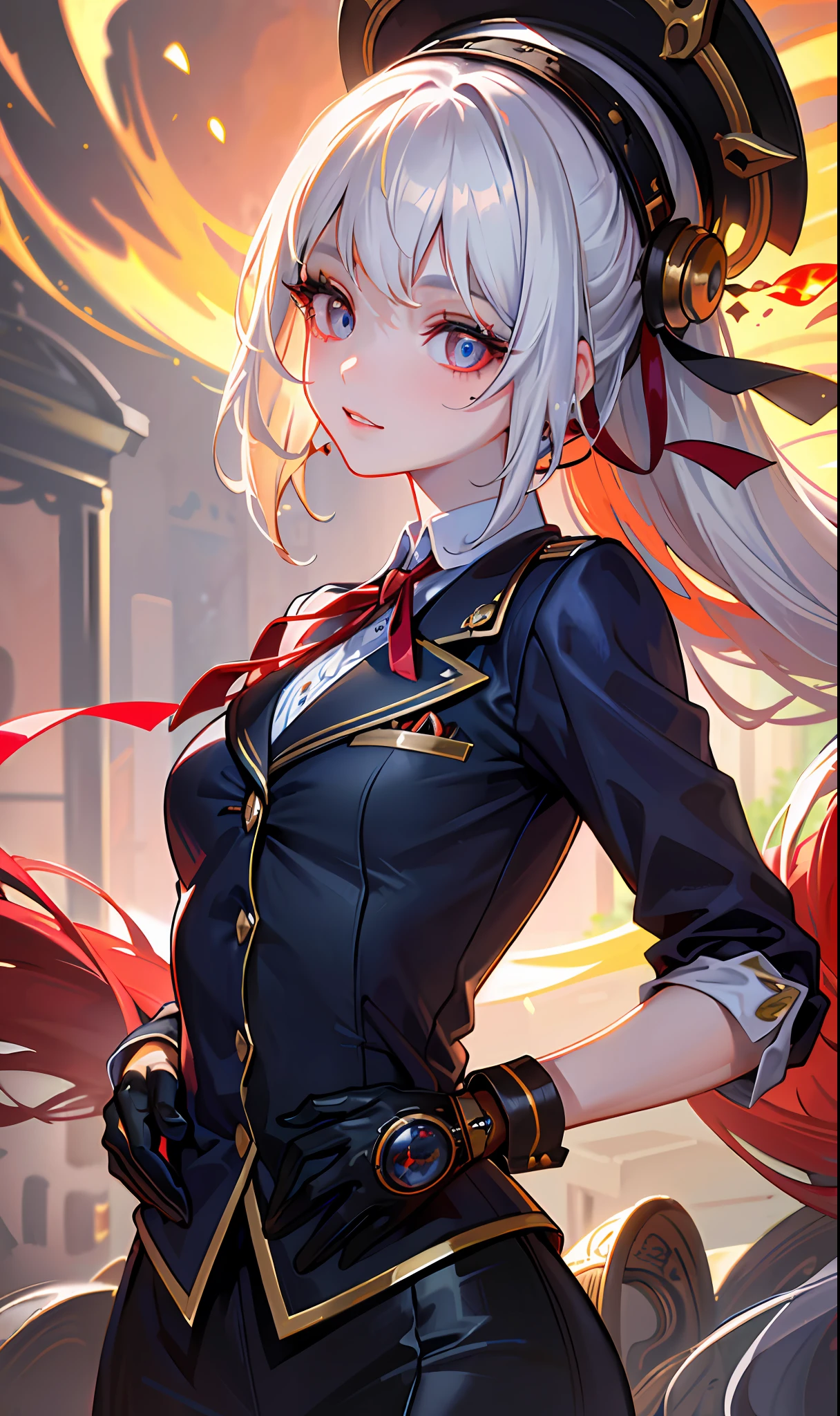 (masterpiece, sidelighting, finely detailed beautiful eyes: 1.2), (masterpiece*portrait), portrait, (bust), realistic, 3d face, lusious skin, ((solo)), (close-up of face), (fire opal-like eyes), hanging eye corners, ((high-detail skin, visible pores)), (Perfect Figure), a beautiful steampunk girl, small breasts, ((uniform containing a bust-length small blazer)), (ribbon collar), (short gloves as short as half a palm)