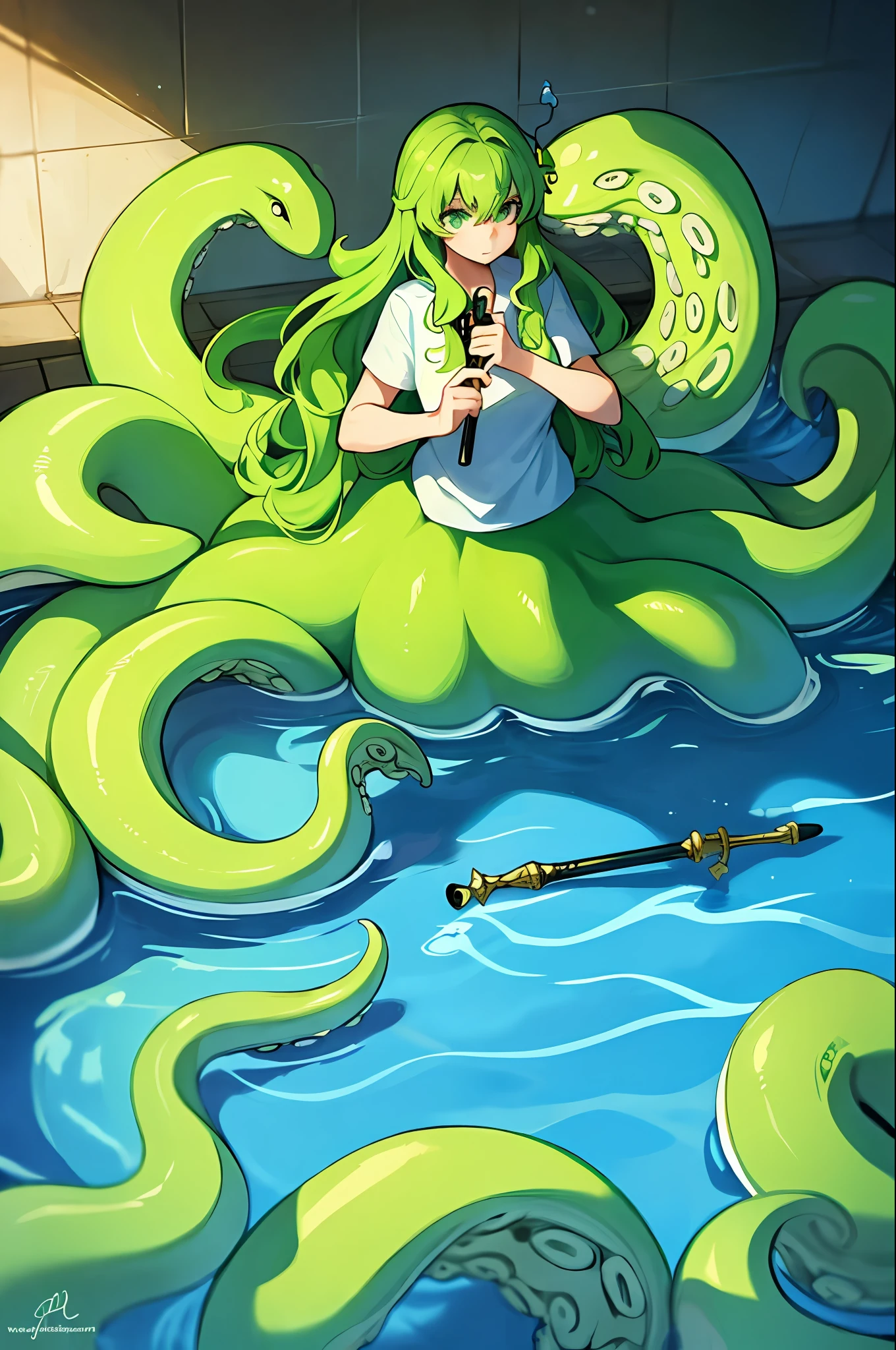 1girl with light green hair and a shirt holding a wand, Scylla, masterpiece, best quality, in a pool, long hair