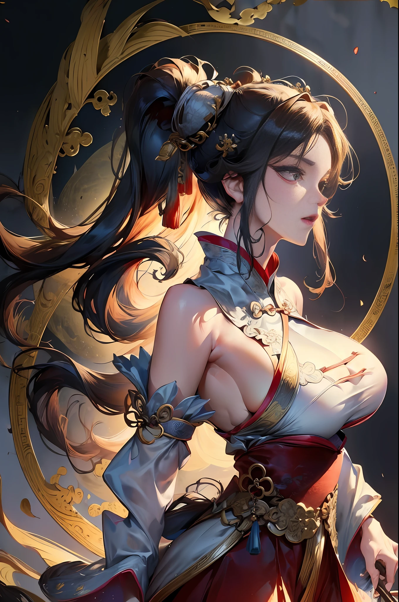 (Masterpiece, best quality, very detailed CG, complex details: 1.2), simple_background, fire, 1 girl, sexy theme, perfect face shape, oversize model, mature woman, tall long legs, ((((super huge breasts))), solo, looking at the audience, Chinese clothing, hanfu, long hair, detached_sleeves, wide_sleeves, ponytail, hair accessories, skirts, swords, standing, (From the side: 1.4), Hanfu Tang, Dragon, 16k post-production,