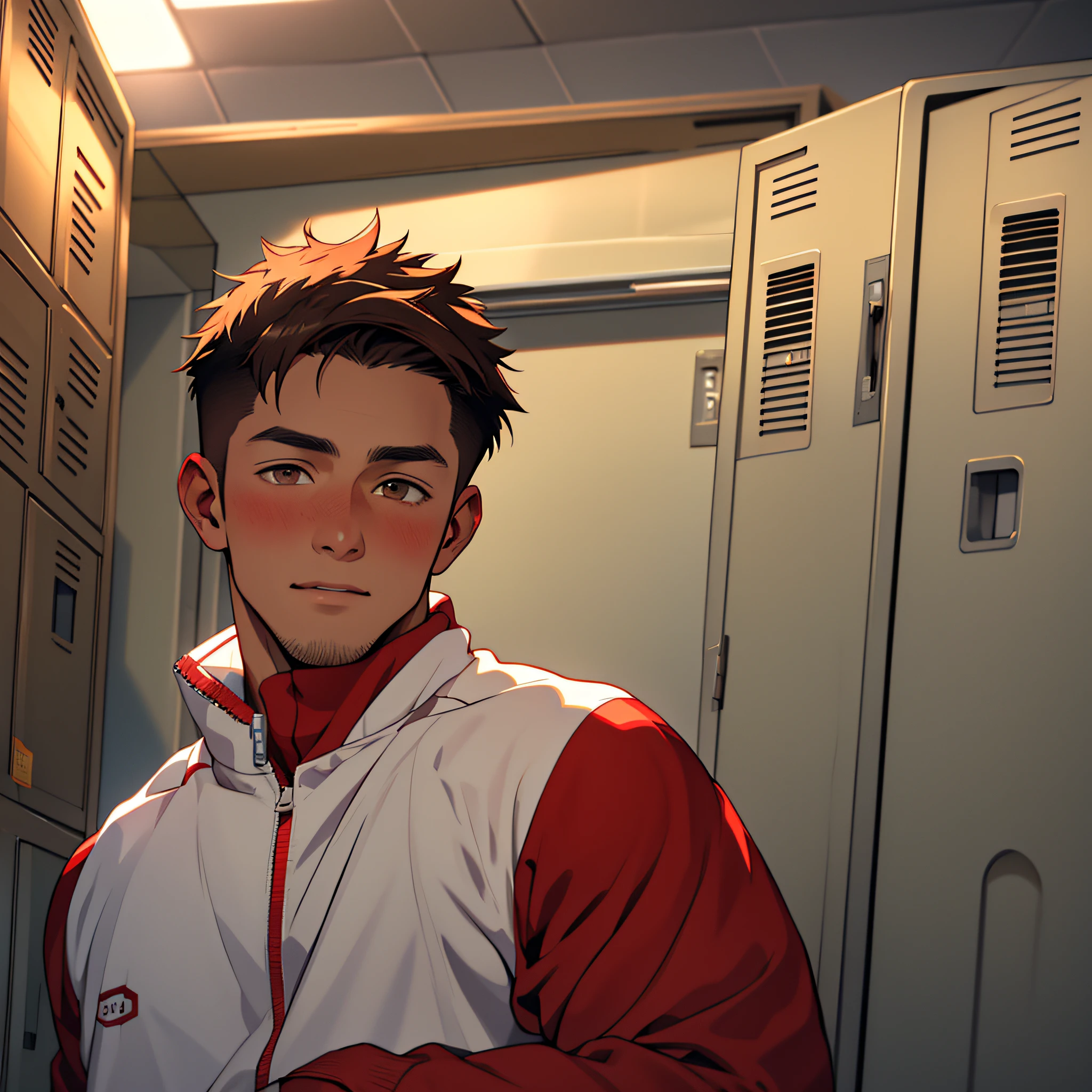(masterpiece, best quality ), 1man, muscular, short hair, brown eyes, intricate, (locker room) , full body, white baseball uniform, open red jacket, vivid colors,(depth of field:1.2),(abs),blush, looking at viewer, on floor, spread legs,