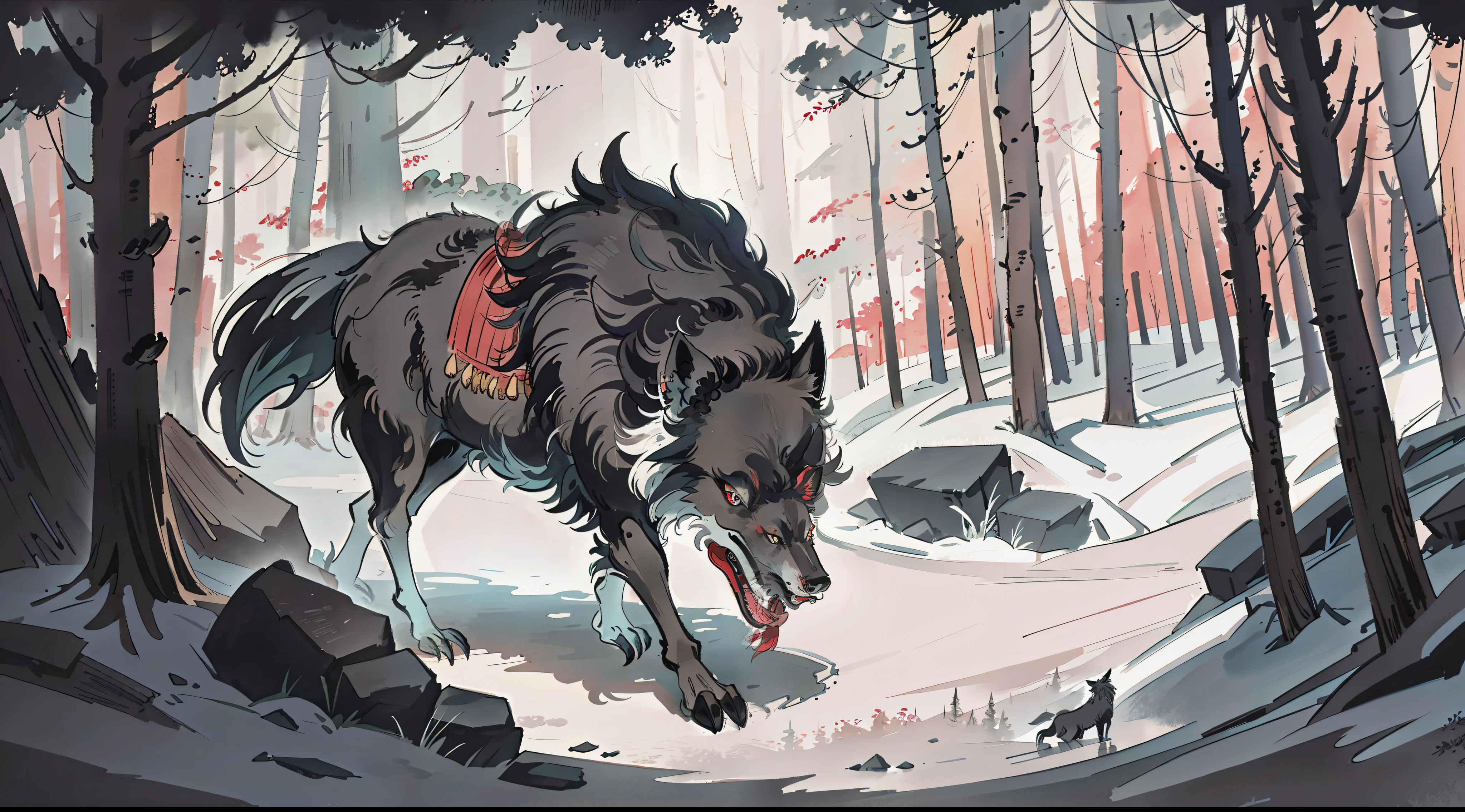 Mononoke hime surrounded by black wolves, in a dark forest