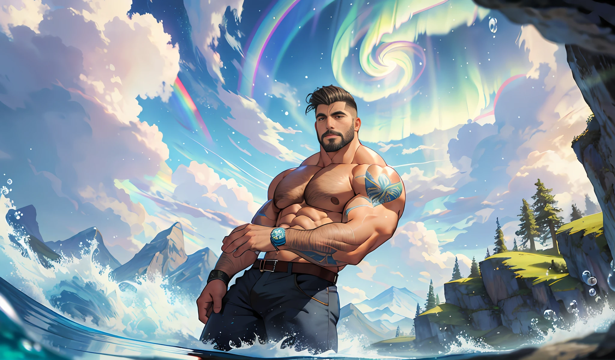 Best quality, masterpiece, ultra high res,detailed background,realistic,solo,male,cowboy shot,,bara,topless,muscular,maturethick thighs,short hair,facial hair,undercut,short hair,magic circle, bubble,on water,reflected mirror,rainbow light, Bubble Swirling, wind Swirling, Aurora, fantasy scenery,depth of field,berd,stocky bara, ((stocky burly)),detailed face
