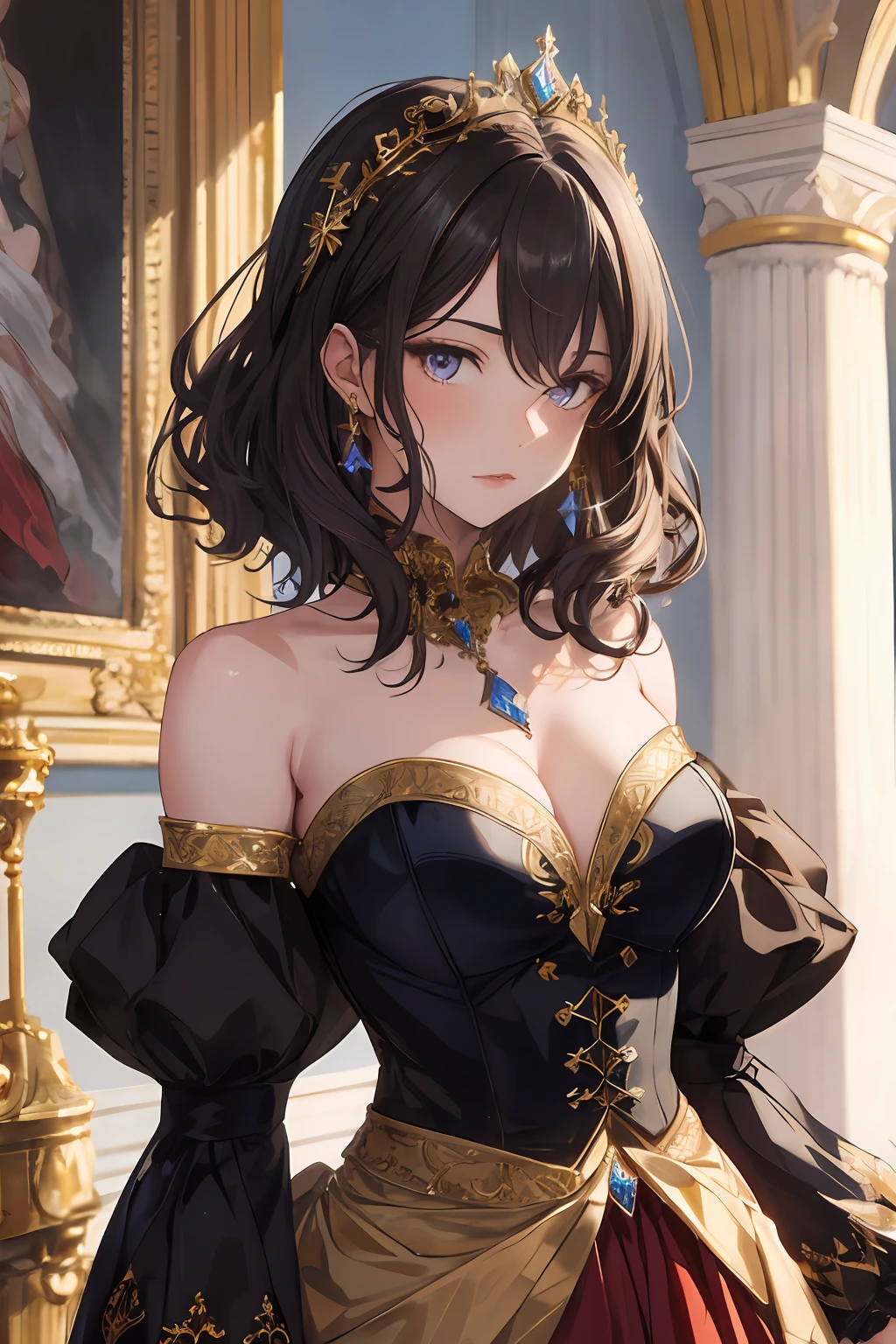 8k, best quality, masterpiece, highly detailed, semi realistic, a girl, young woman, 20 years old, dark brown short hair, curly hair, banks, dark purple eyes, red lips, gorgeous Rococo style court dress, strapless skirt, cross tie vest, bare shoulders, arm puffy sleeves, gold gem necklace, slim figure, silver crown, cold expression