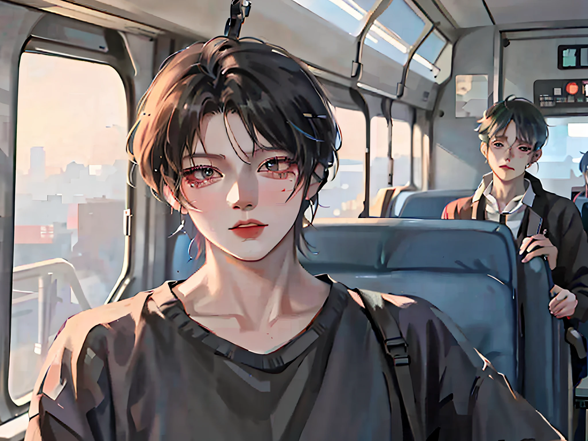 anime characters on a bus with a man in the back seat, artwork in the style of guweiz, digital anime illustration, anime realism style, lofi portrait, realistic anime artstyle, realistic artstyle, lofi artstyle, made with anime painter studio, semirealistic anime style, smooth anime cg art, painted in anime painter studio, inspired by Yanjun Cheng