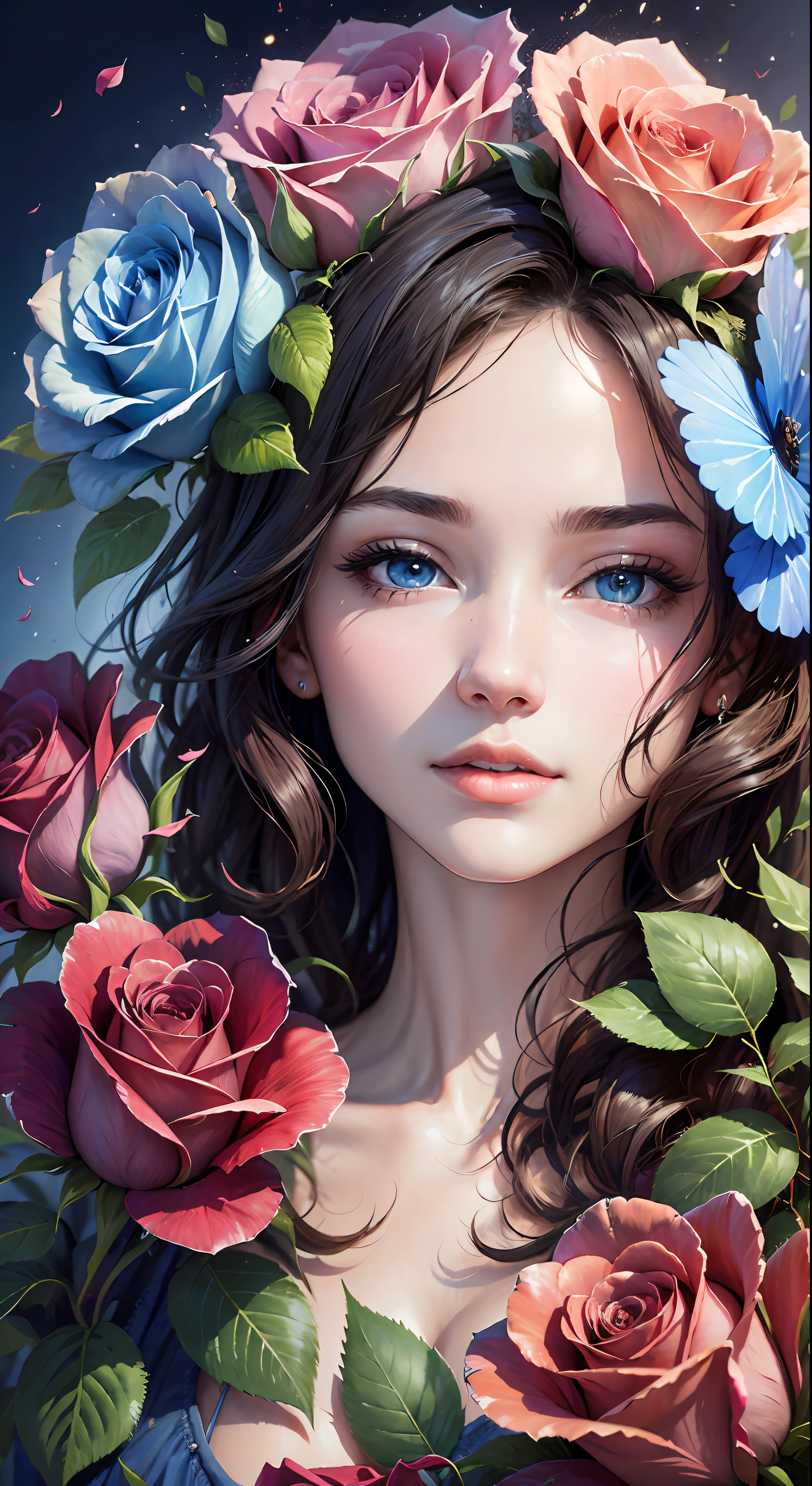 (High resolution: 1.1), Best quality, (Masterpiece: 1.2), Vivid colors, Digital painting, (Roses: 1.2), Natural beauty, blue sky, close-up