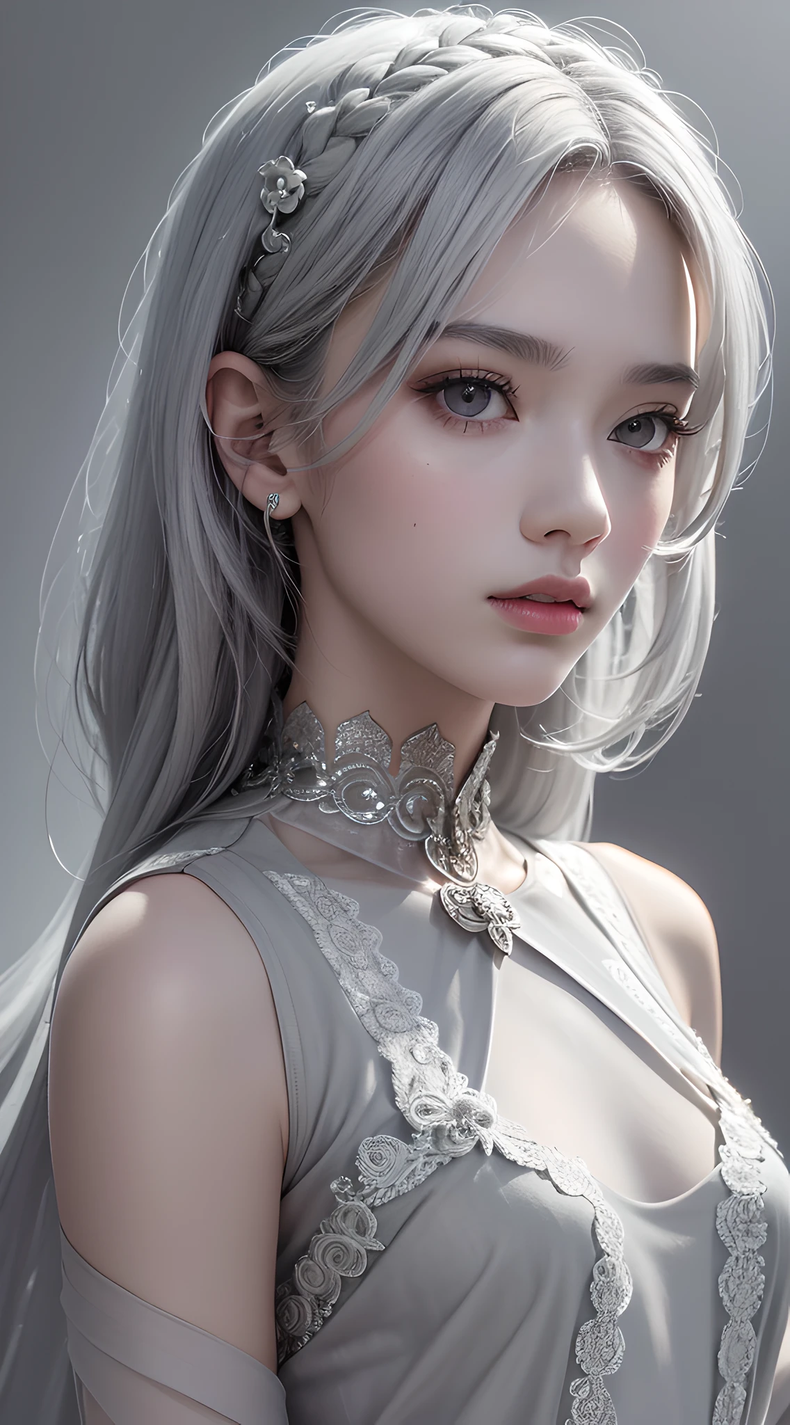 masterpiece, best quality, 35mm, 8k, absurdres, beautiful girl, (upper body, light grey background:1.4), (light grey classical dress, light grey hair:1.6), slender, dark studio, rim lighting, ultra realistic, highres, photography, film grain, chromatic aberration, depth of field, sharp focus, HDR, facelight, dynamic lighting, cinematic lighting, professional shadow, dark shadow, highest detailed, extreme detailed, ultra detailed, finely detail, real skin, delicate facial features, detailed face and eyes, sharp pupils, realistic pupils, Trang Tien