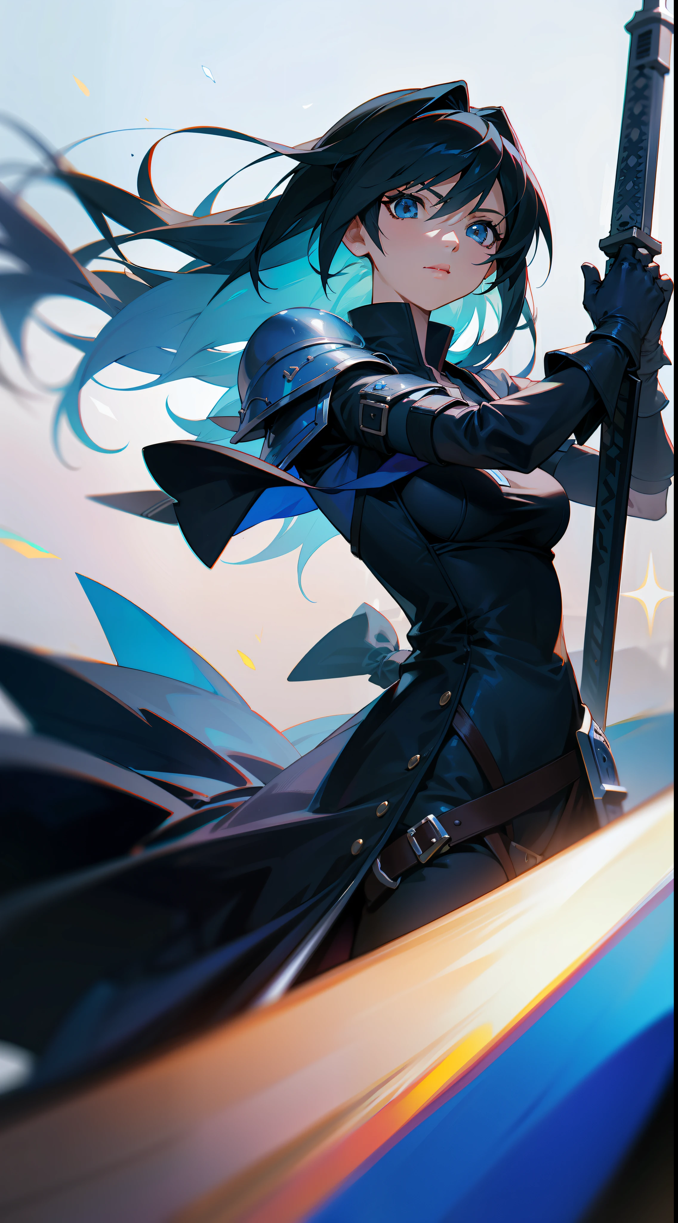 Rinoa, from Final Fantasy 8, wearing a dark blue dress armor, with a blue and black gunblade