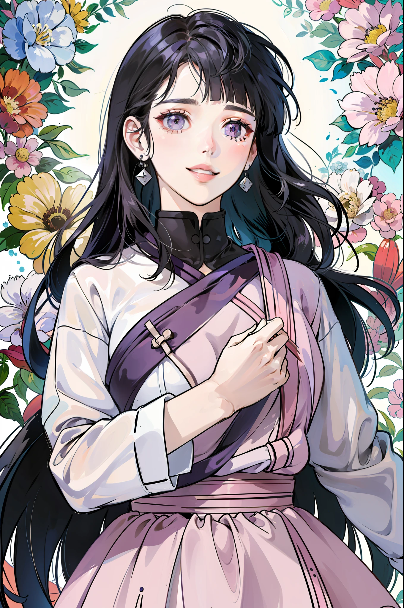(Portraits:1.4), (masterpiece:1.2, best quality:1.2)
1girl, Look at viewer, face and body focus, extremely detailed character, extremely detailed clothes, good-looking, standing, (((warp skirt))), white shirt inner, earrings, (((blunt bangs))), ((long hair)), hinata/(boruto/), big purple eyes, smile, detailed lips, medium breast, flowers