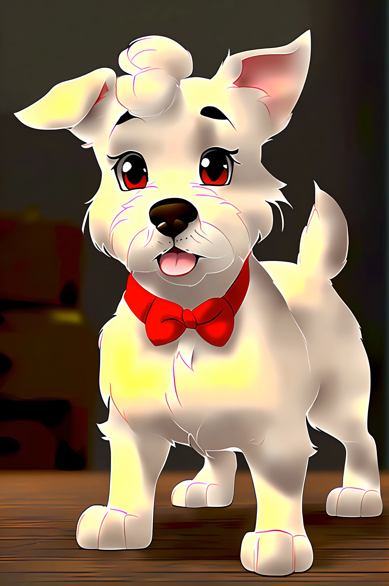 create a rather cute and adorable character of a white west terrier dog with large honey-colored eyes, and dark spots on the chest and belly, named Butcher in the style similar to a disney and Pixar cartoon strolling in Tokyo
