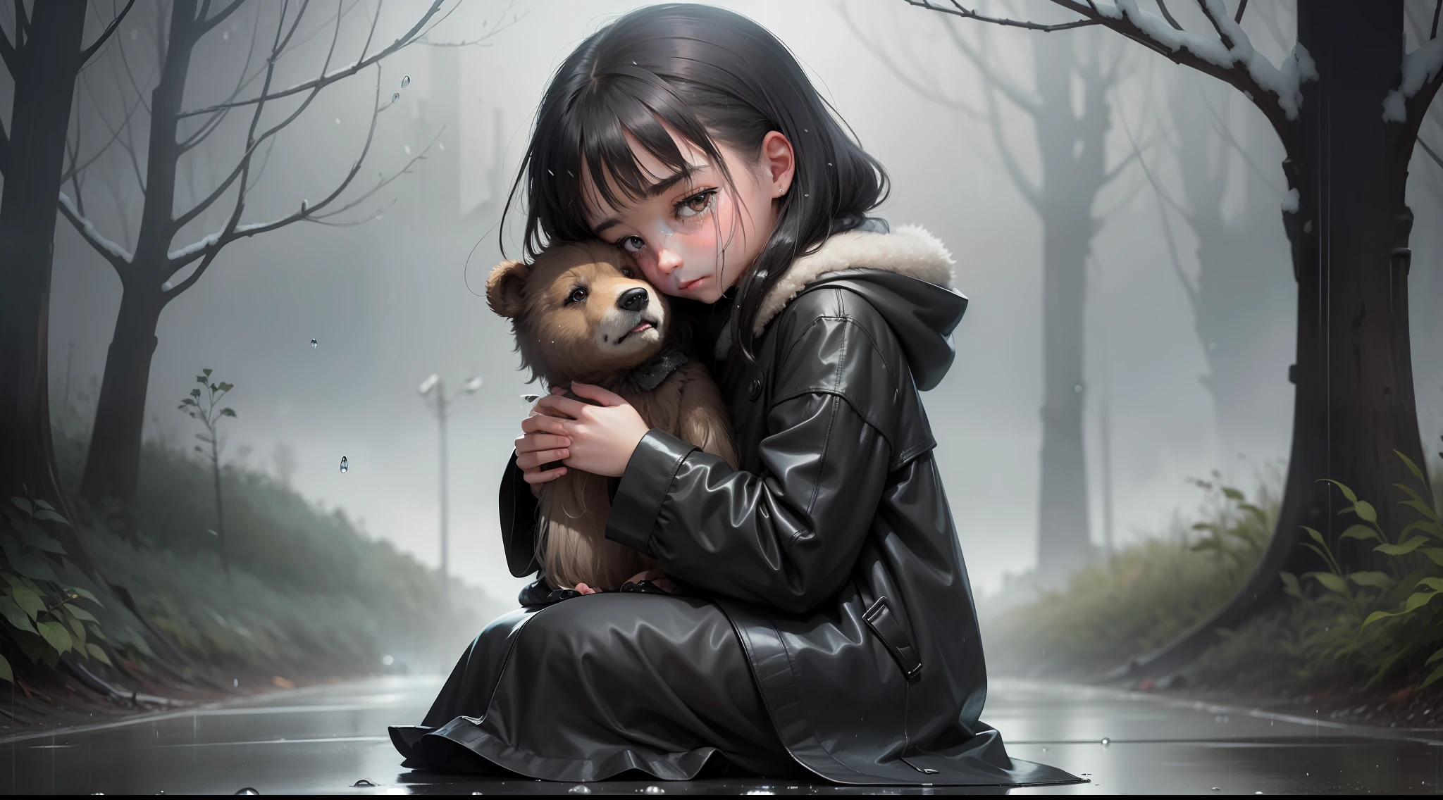 The picture is bleak, with only a young girl in a black coat sitting on the side of the road, and a shabby bear leaning on her shoulder, seemingly her only companion. There were sparse raindrops in the sky, and the girl wanted to cry but could only silently look into the distance, dying.