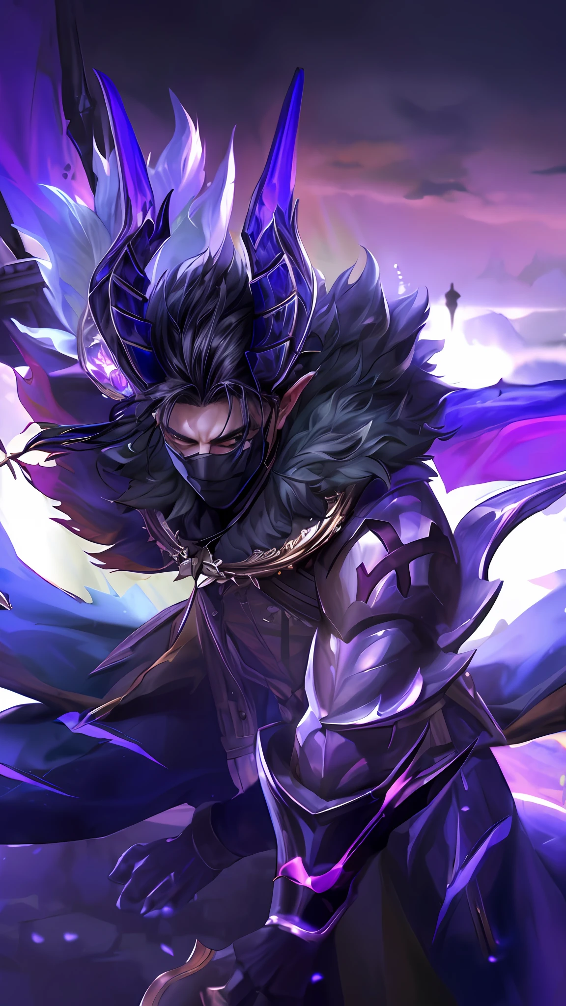 (Absurdres, Intricate Details, Masterpiece, Best Quality, High Resolution, 8k), 1 male, thin, young, aged up, masked, finely detailed eyes and face, auburn low-fade hair, amber eyes, portrait,  looking at viewer, solo, half shot, detailed background, (light fantasy theme:1.1),  focusing, mercenary,  sunshine, floating scraps,  color plate armor, divine aura, bright realistic lighting, marble castle, intense atmosphere, circlet, coat of arms,  brazier,  , Depth of Field, VFX.