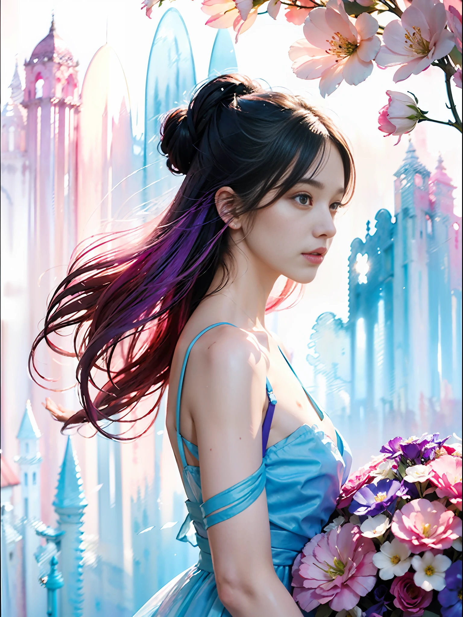 1girl,flower, Lisianthus ,in the style of light pink and light azure, dreamy and romantic compositions, pale pink, ethereal foliage, playful arrangements,fantasy, high contrast, ink strokes, explosions, over exposure, purple and red tone impression , abstract, ((watercolor painting by John Berkey and Jeremy Mann )) brush strokes, negative space,