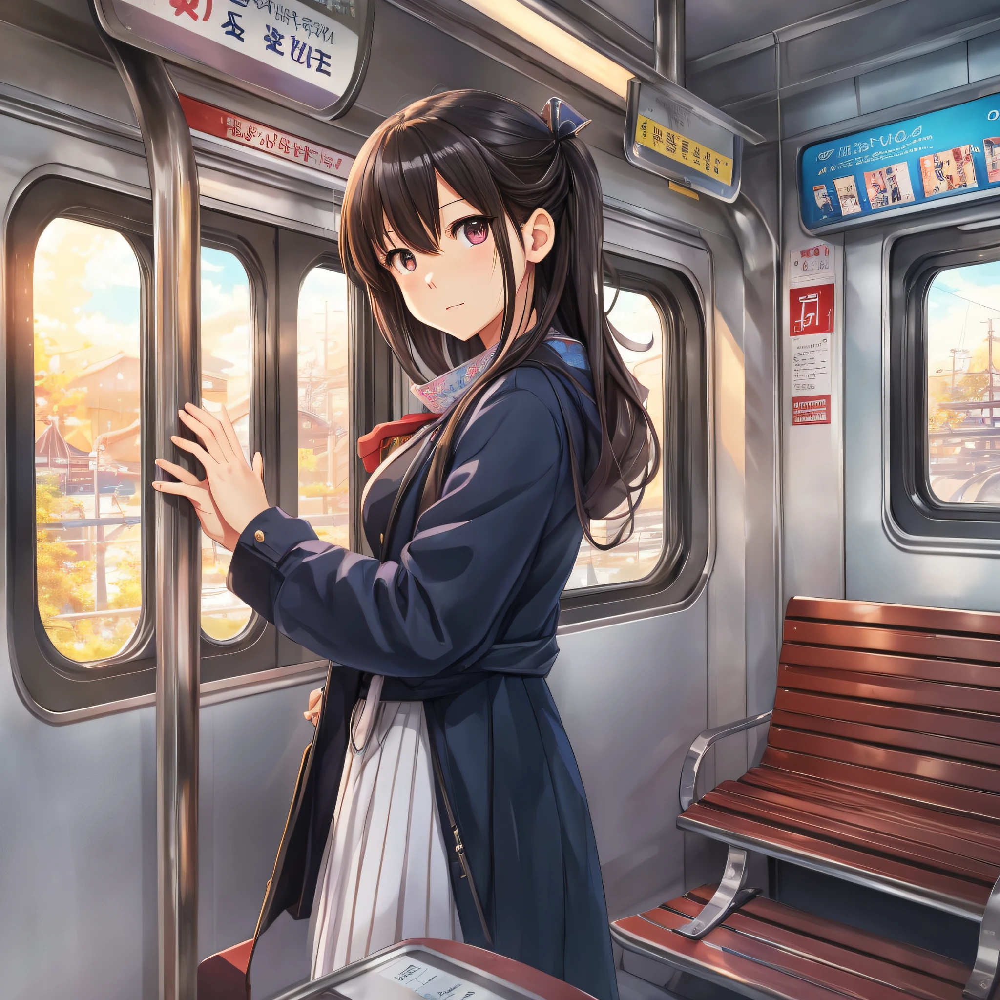 There is a woman standing on a bench on a train with her hands outstretched, Guwiz style artwork, Guwiz, Guwiz at pixiv art station, Guvitz in art station pixiv, anime girl, drawn by Yuumei, seductive anime girl, drawn in anime artist studio, digital anime art, attractive anime girl --auto --s2