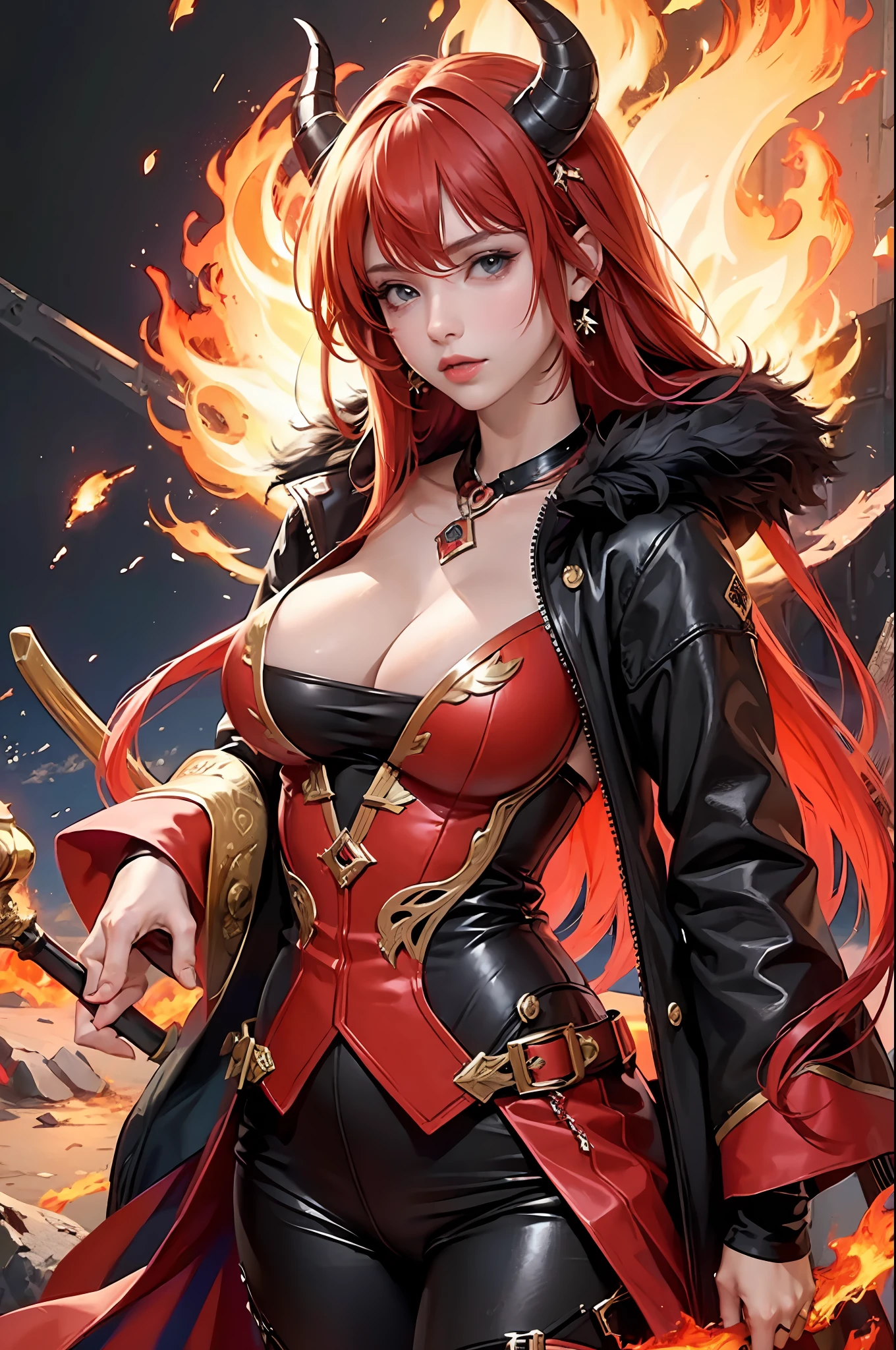 ((masterpiece,best quality,highest quality,)), 1 girl, red hair, horn, long hair, fire element, fire background, large breast,